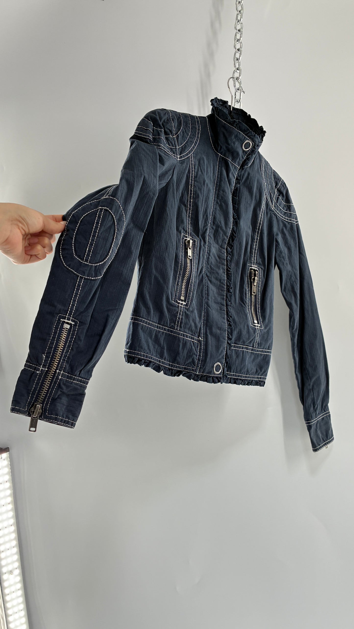 Vintage BCBGirls Navy Blue Canvas Jacket with White Stitching (2)