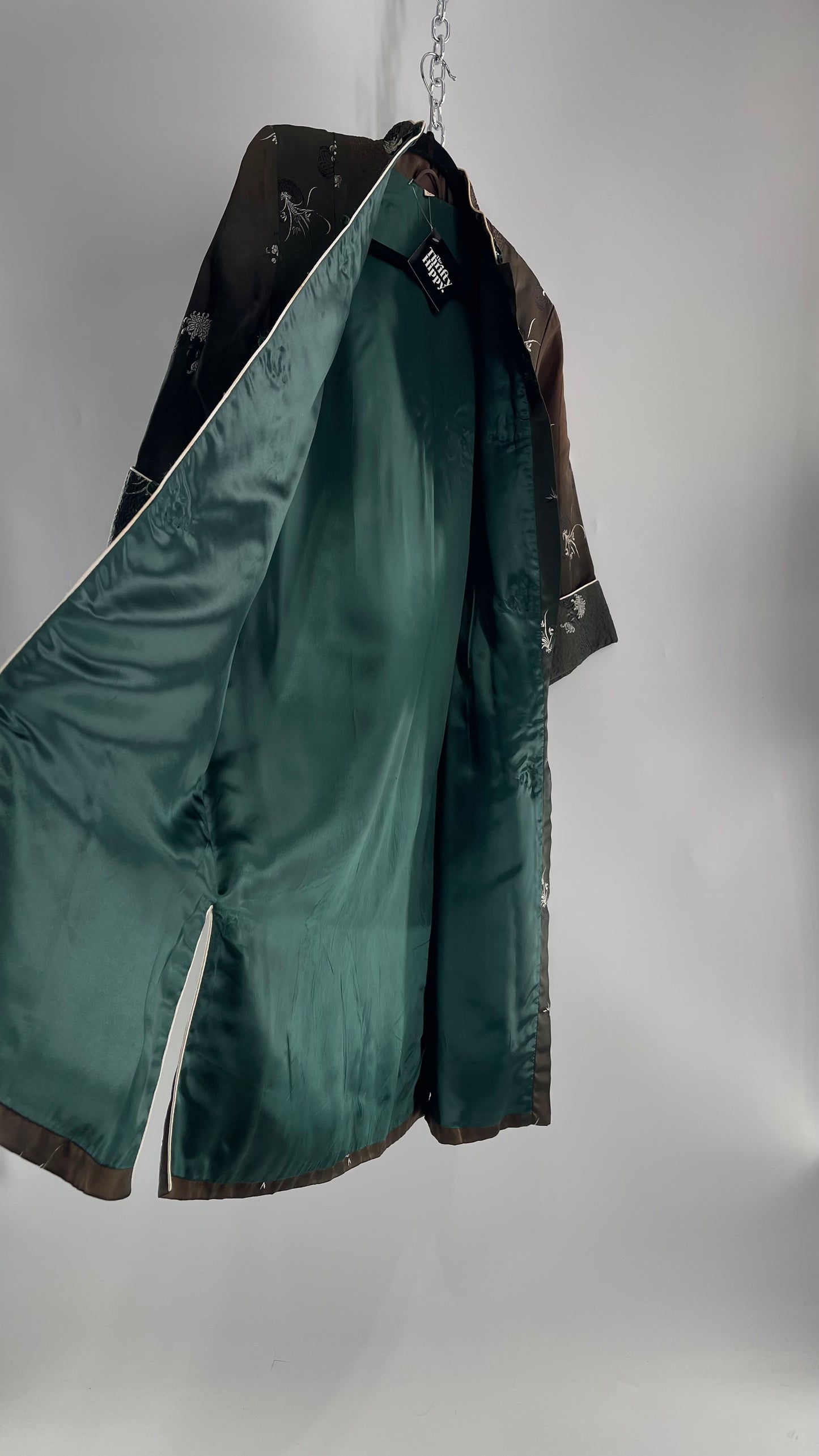 Vintage Hong Kong, Hand Made, Dark Green Silk Kimono Coat/Smoking Jacket (38)