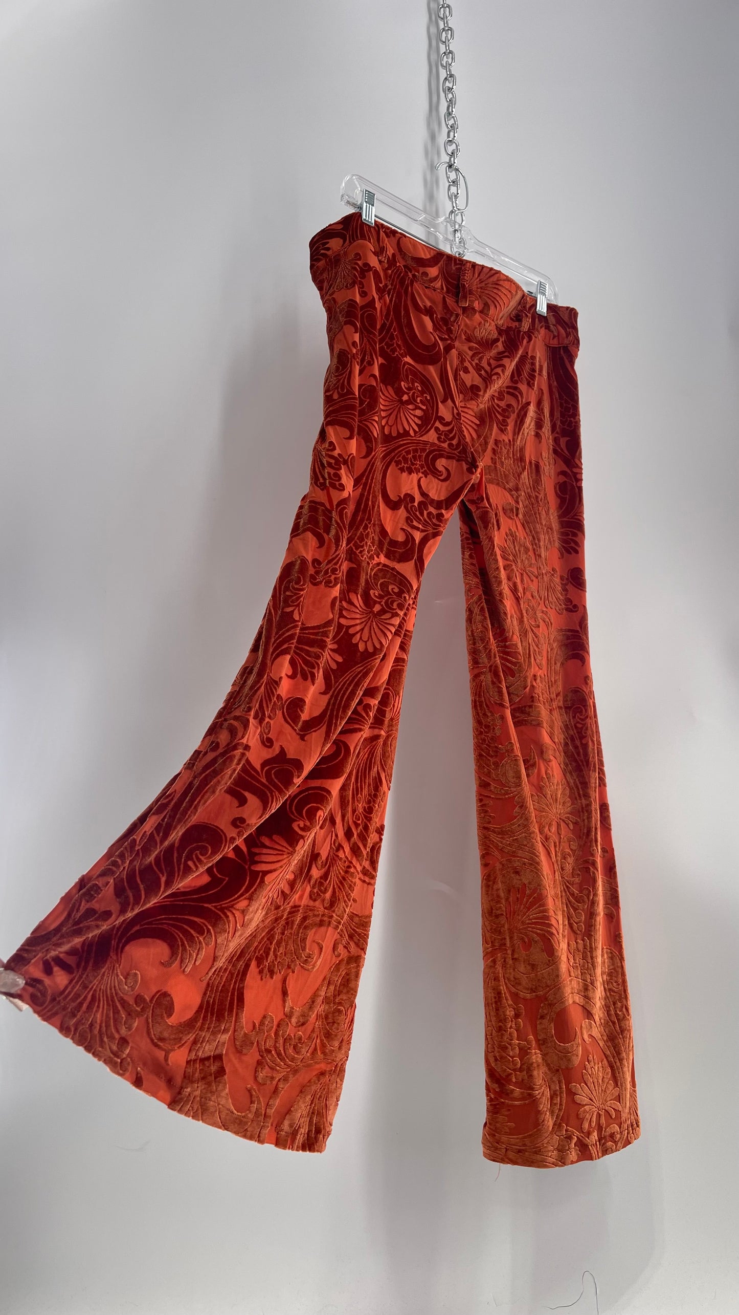 Urban Outfitters Burnt Orange Flares with Velvet Paisley Pattern (12)