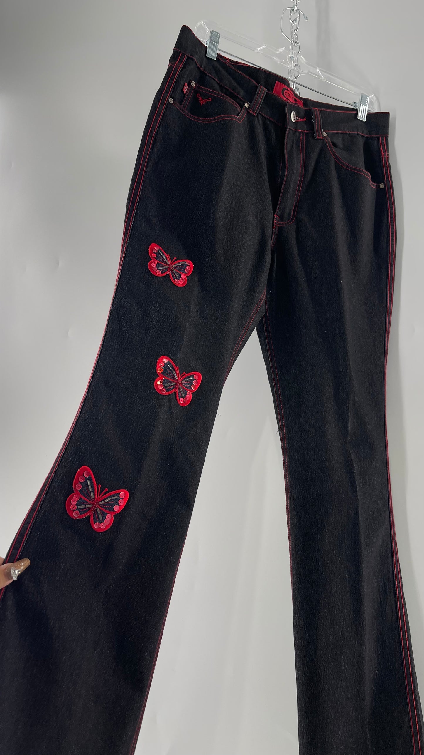 Rare Vintage Black Crest Jeans with Red Contrast Stitching and Butterfly Embroidery on Thigh and Back Pockets (14)