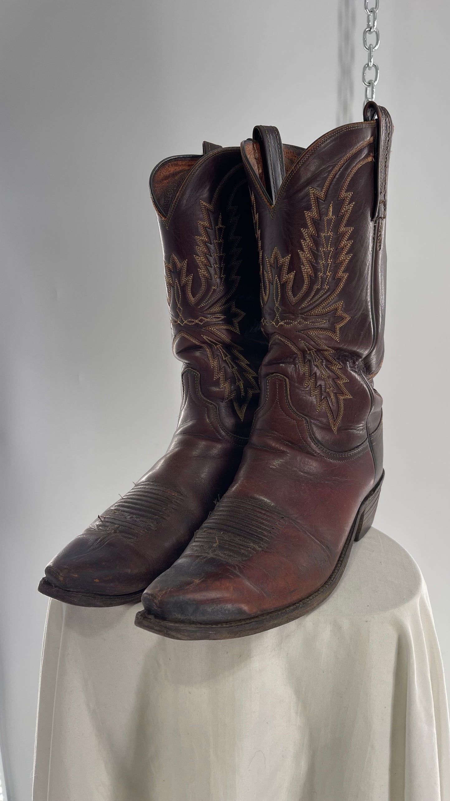 Vintage Men’s 1883 Luchesse Lived In Brown Cognac Leather Pointed Toe Cowboy Boots with Embroidery (12)