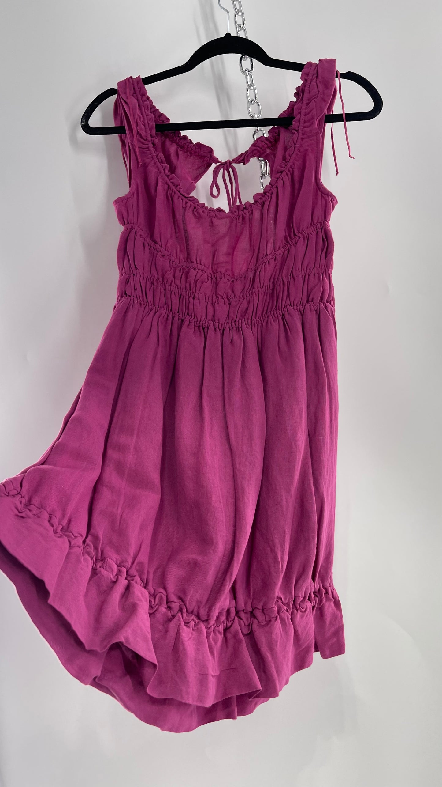 Anthropologie Mauve Cotton Dress with Smocked Bodice and Open Back (XS)