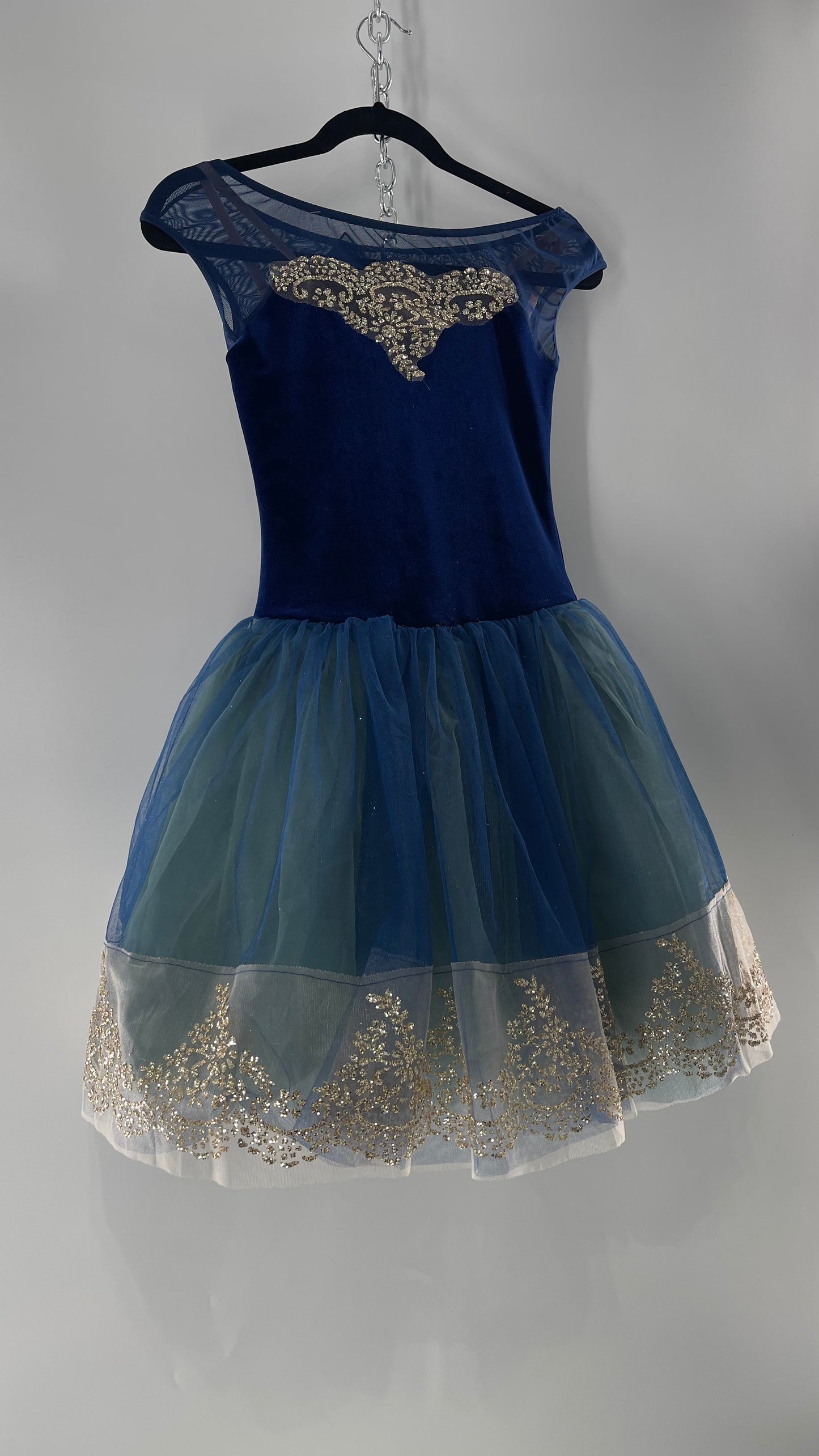 Midnight Muse Navy and Teal Mesh Tutu Skirt with Gold Glitter Hem Detailing (Medium)