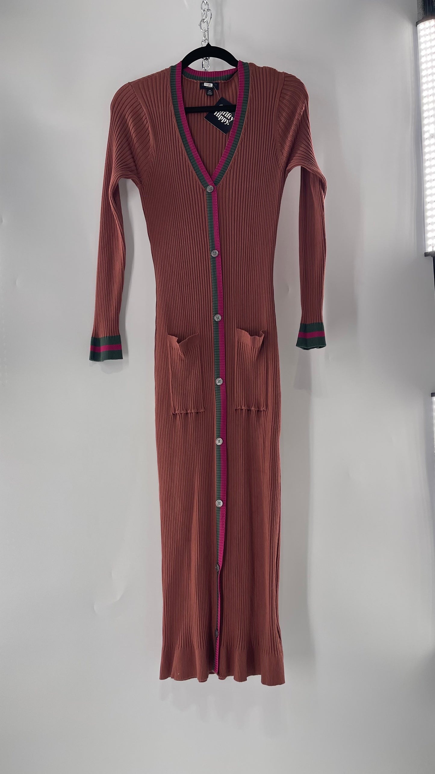 Current Air Los Angeles Brown Ribbed Knit Long Sleeve Button Front Dress with Fuchsia and Forest Green Striping (XS)