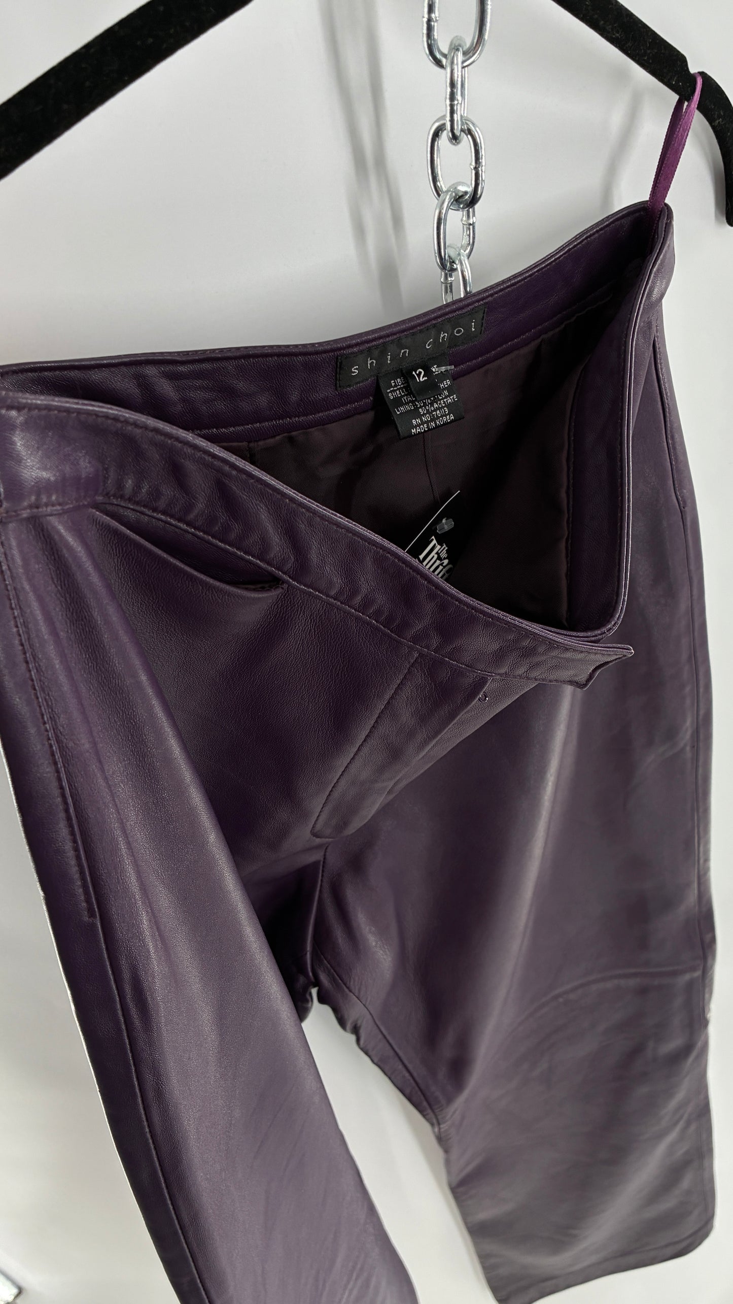 Vintage SHIN CHOI Genuine Italian Leather Purple Side Closure Low Rise Pants (12)