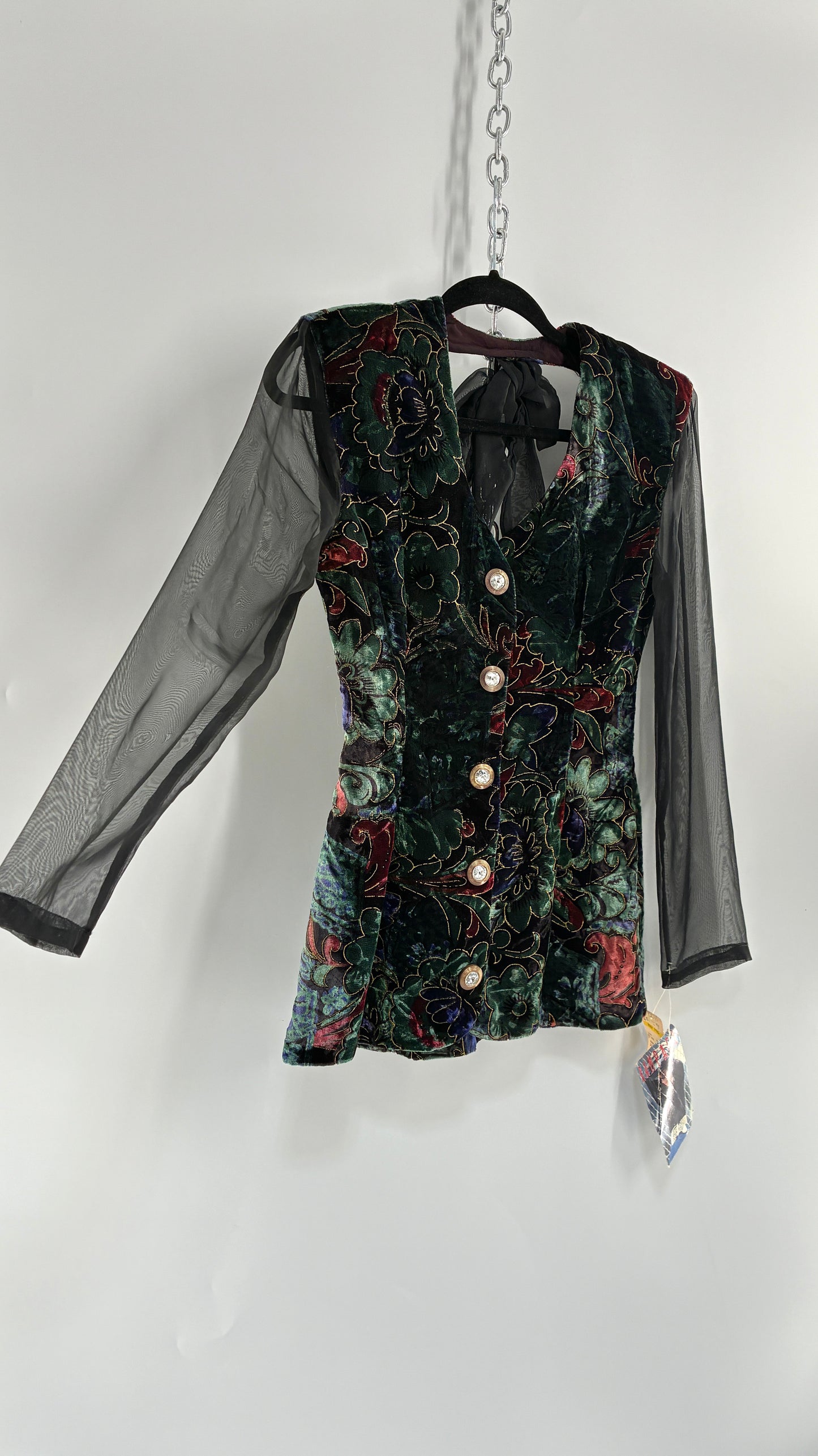Deadstock Vintage RAMPAGE 1980s Micro Mini Dress Velour with Sheer Bubble Sleeves, Open Back, Elaborate Crystal Buttons and Bow Back Detail (Small)
