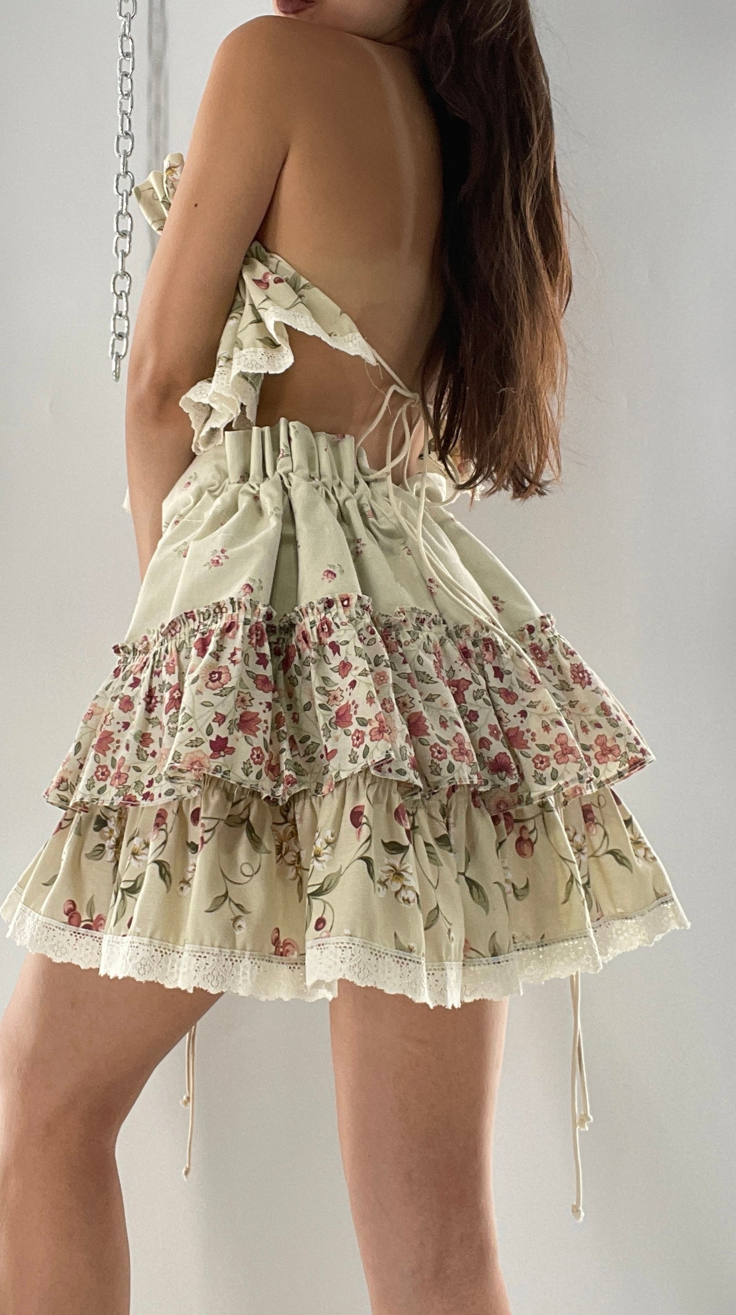 Vintage Cherry Cottage Set with Tiered Ruffled Skirt and Ruched, Backless Top (One Size)