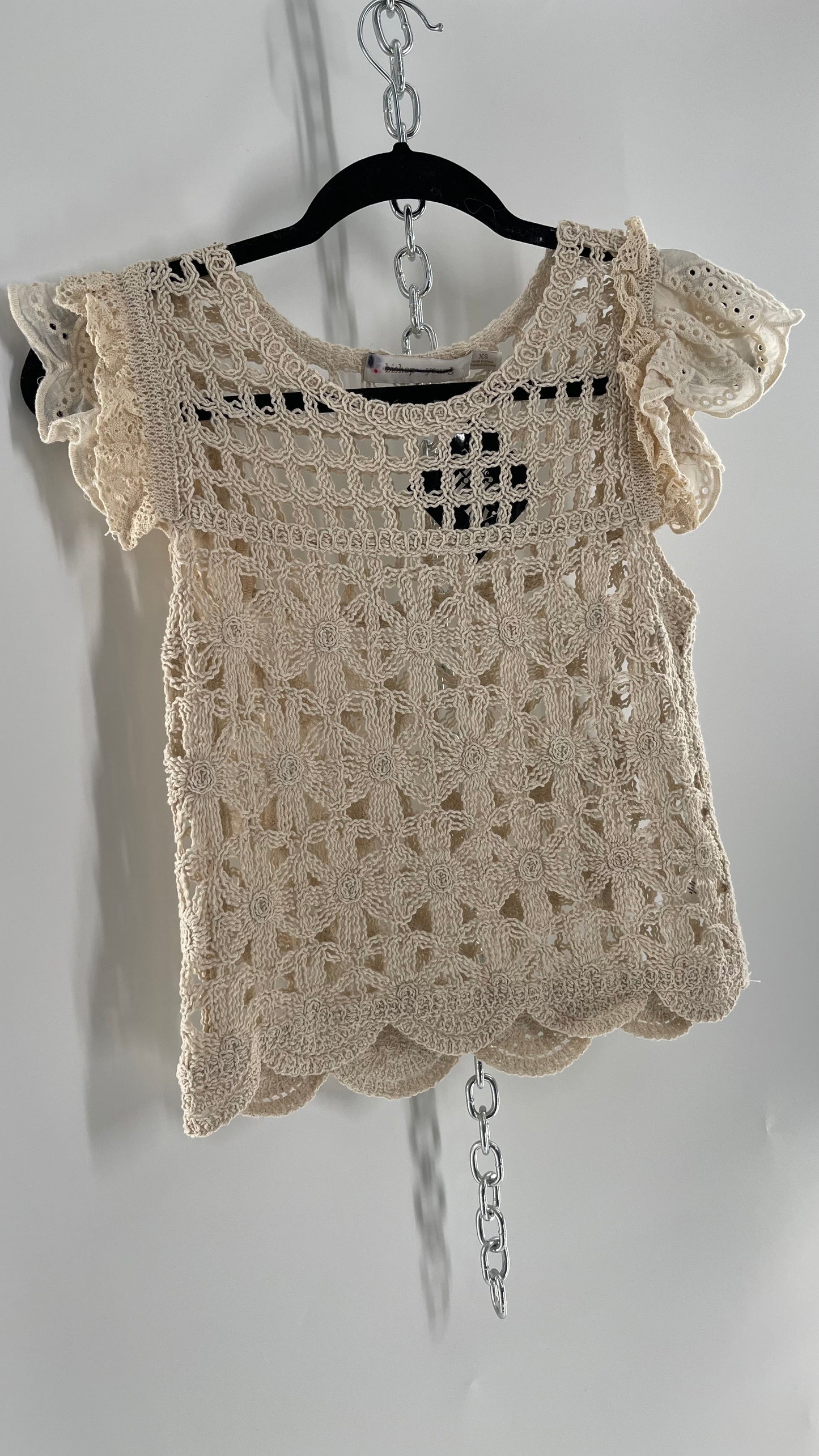 Bishop + Young Anthropologie Crochet Tank with Scalloped Hem and Lace Lined Sleeves (Small)