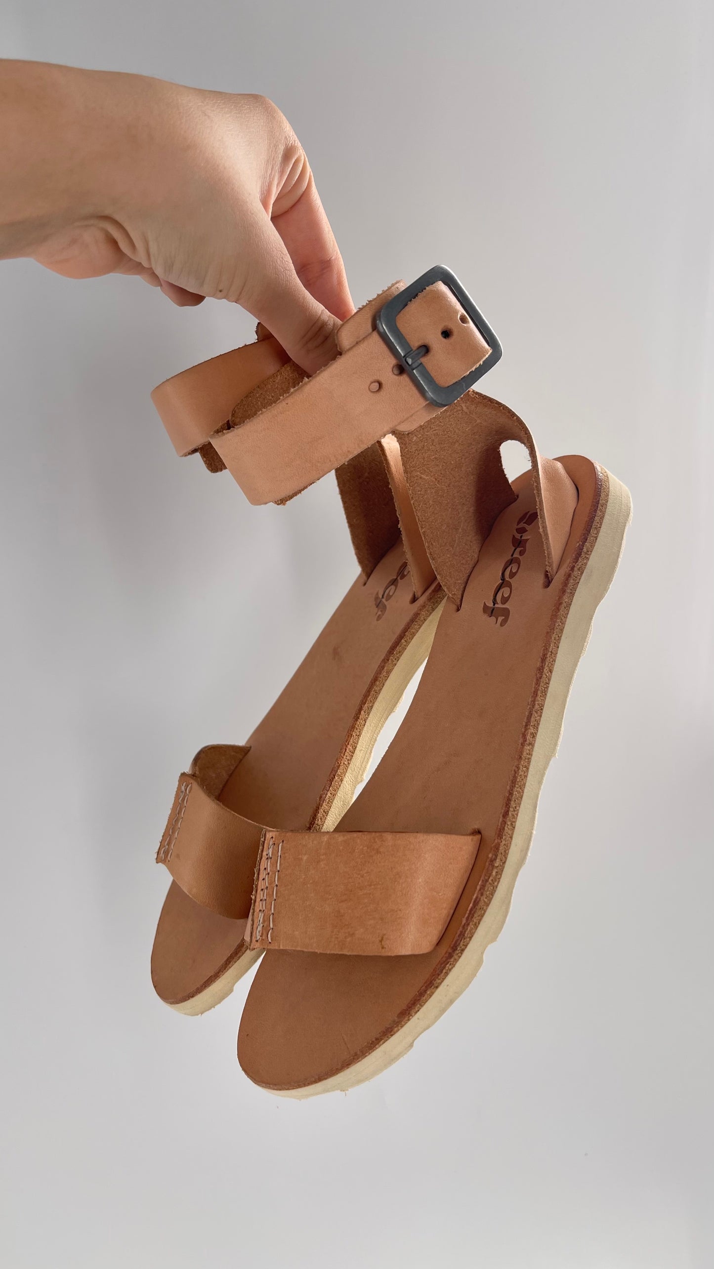 Free People Reef Light Nude / Tan Leather Sandals with Thick Ankle Strapped Buckle (6)