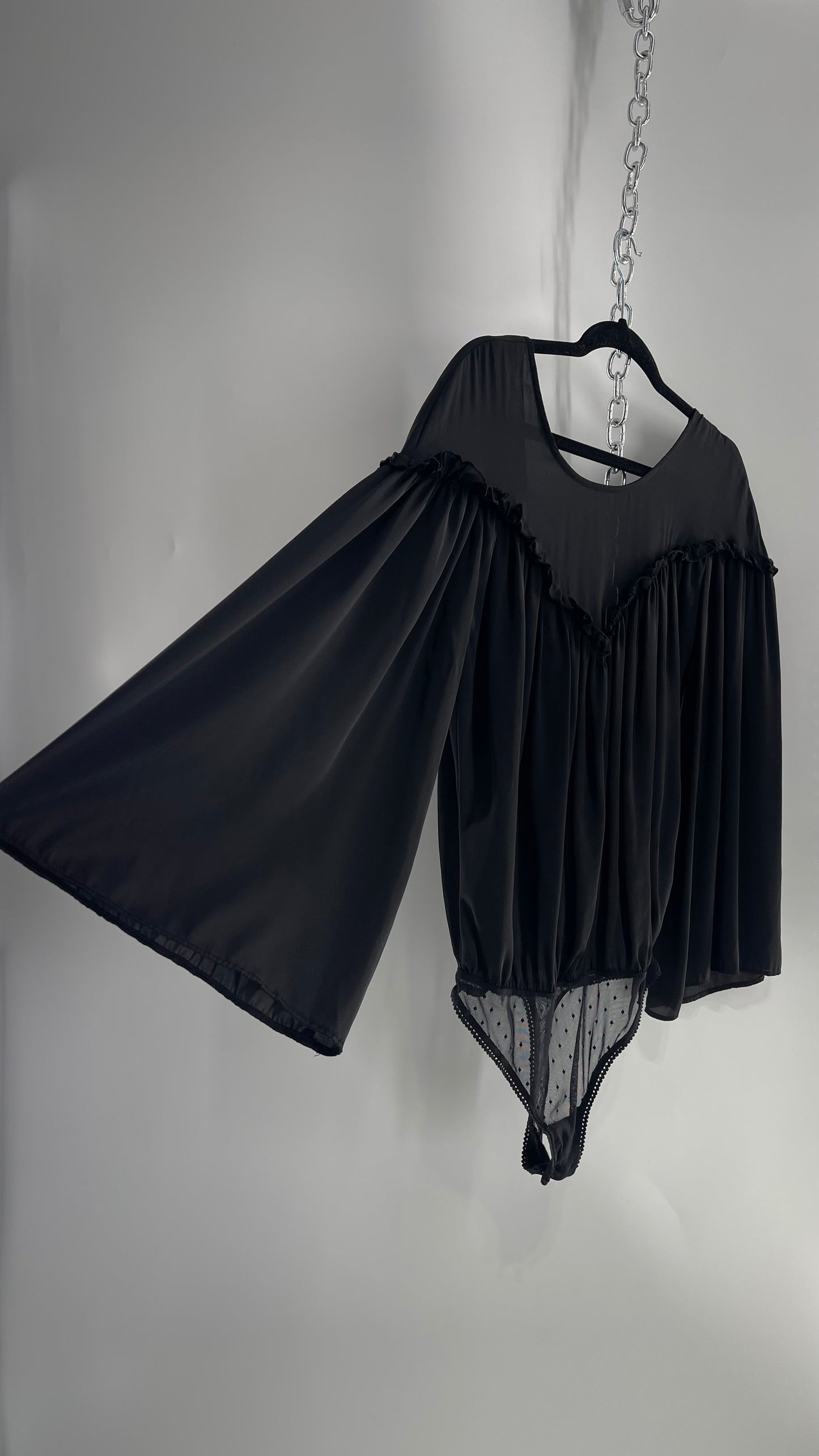 Free People Black Silky Ruffled Sweetheart Neckline Detail with Pleated Bodice and Open Back (XS)