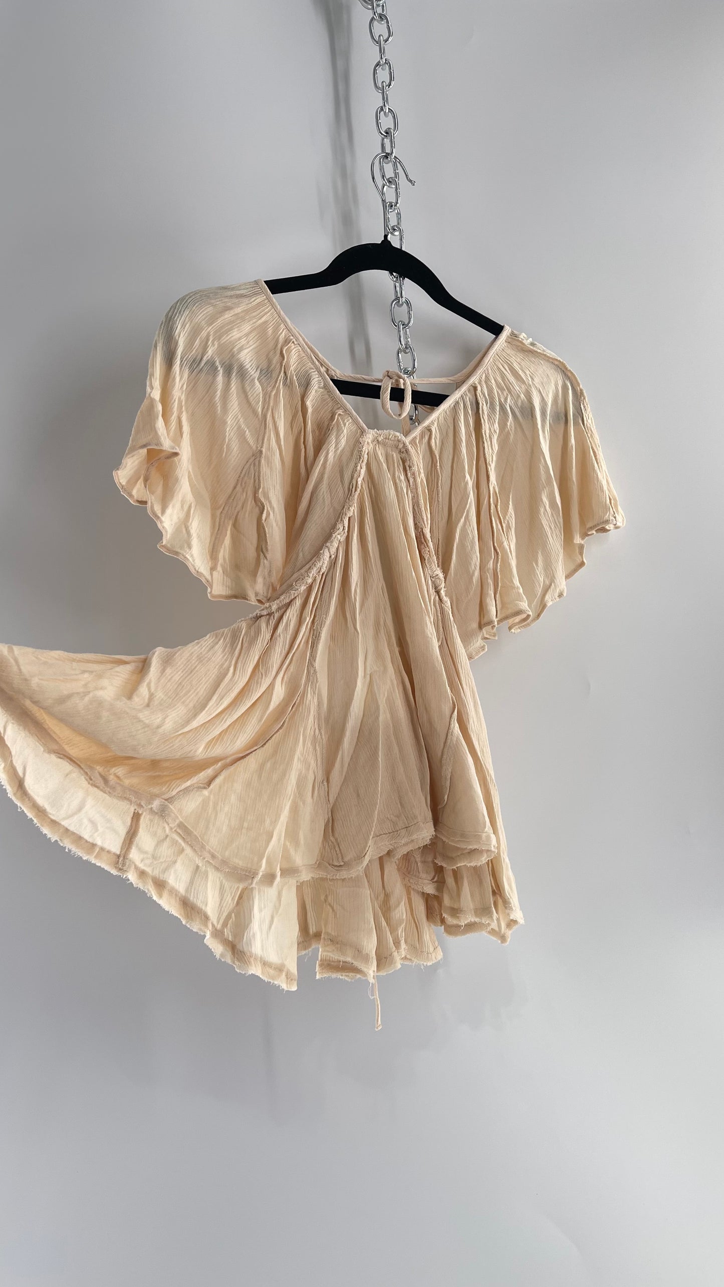 Free People Beige Open Back Drape Sleeve Blouse (XS)