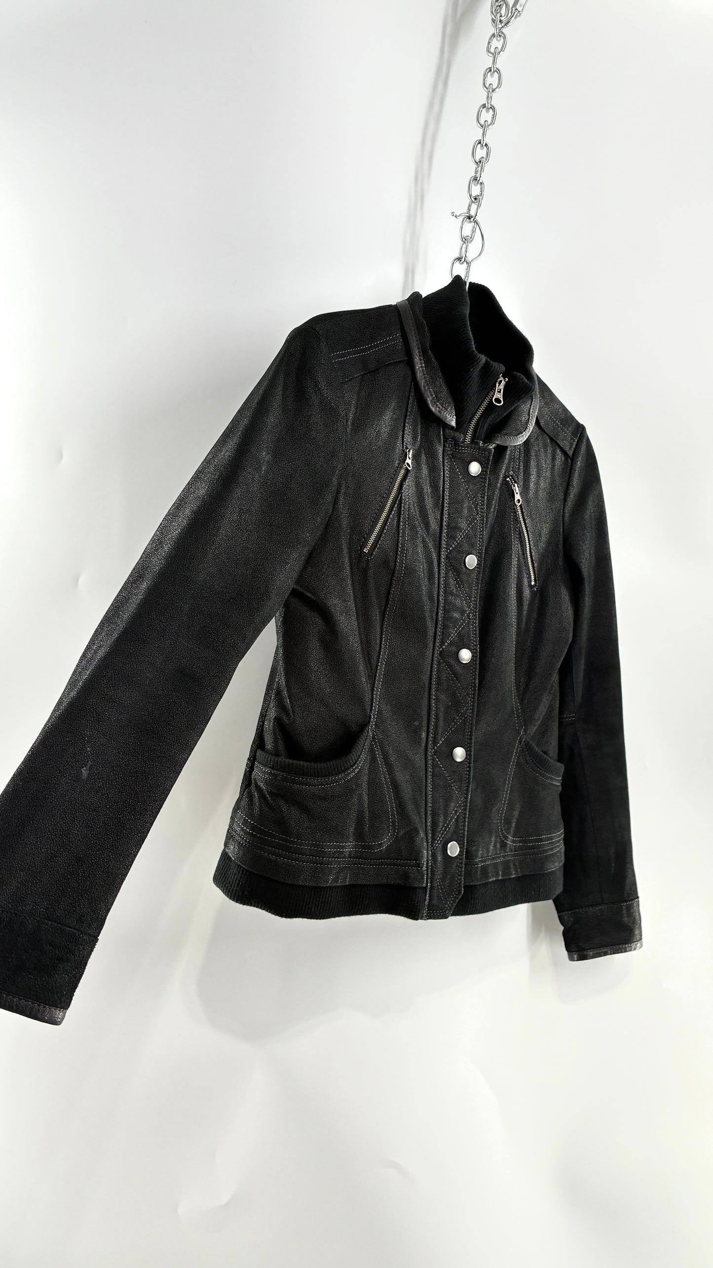 Vintage DANIER Metallic Black Suede Leather Jacket (Small)