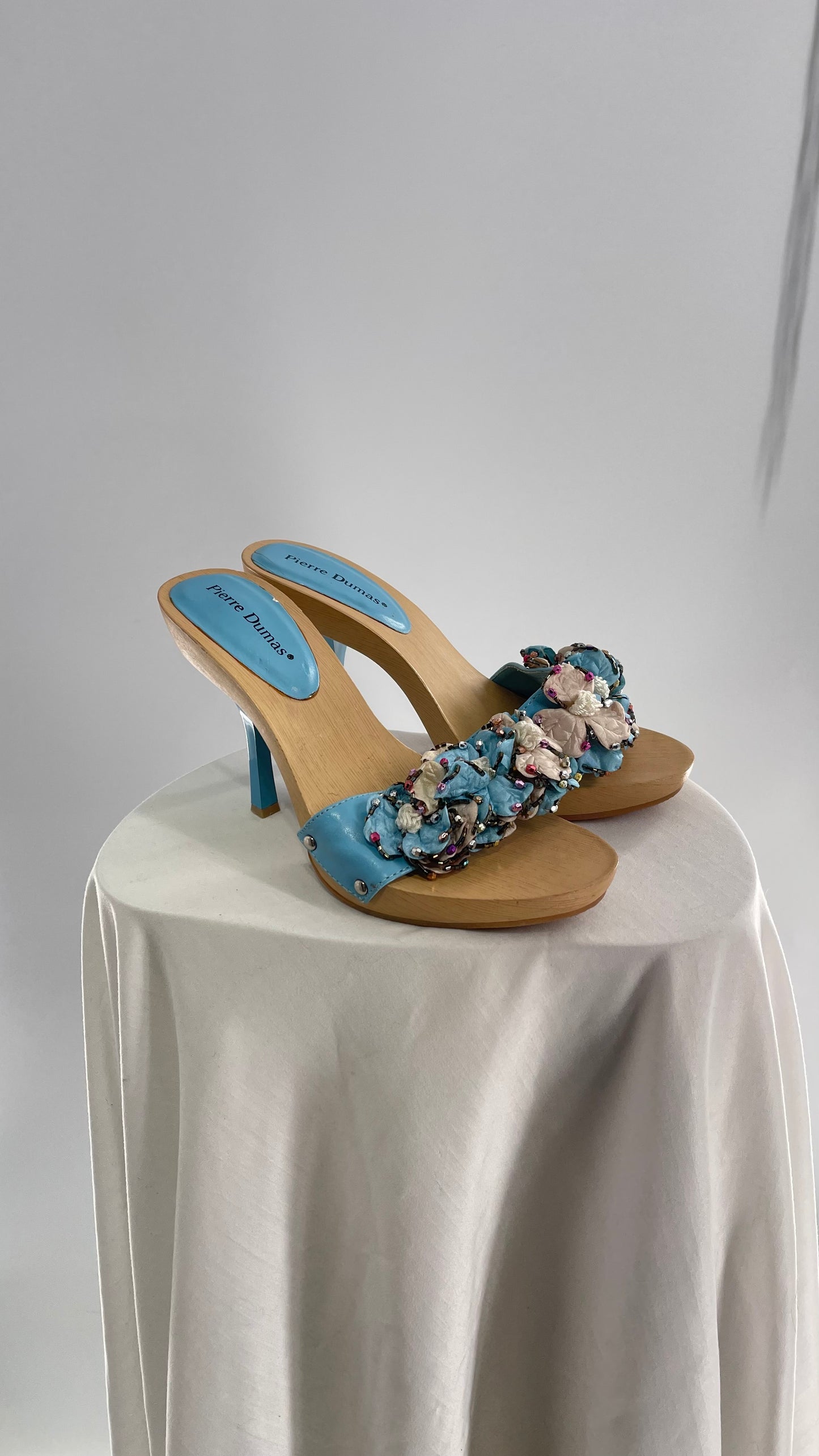 Pierre Dumas Baby Blue Wooden Heel with Beaded Floral Appliqués (9)