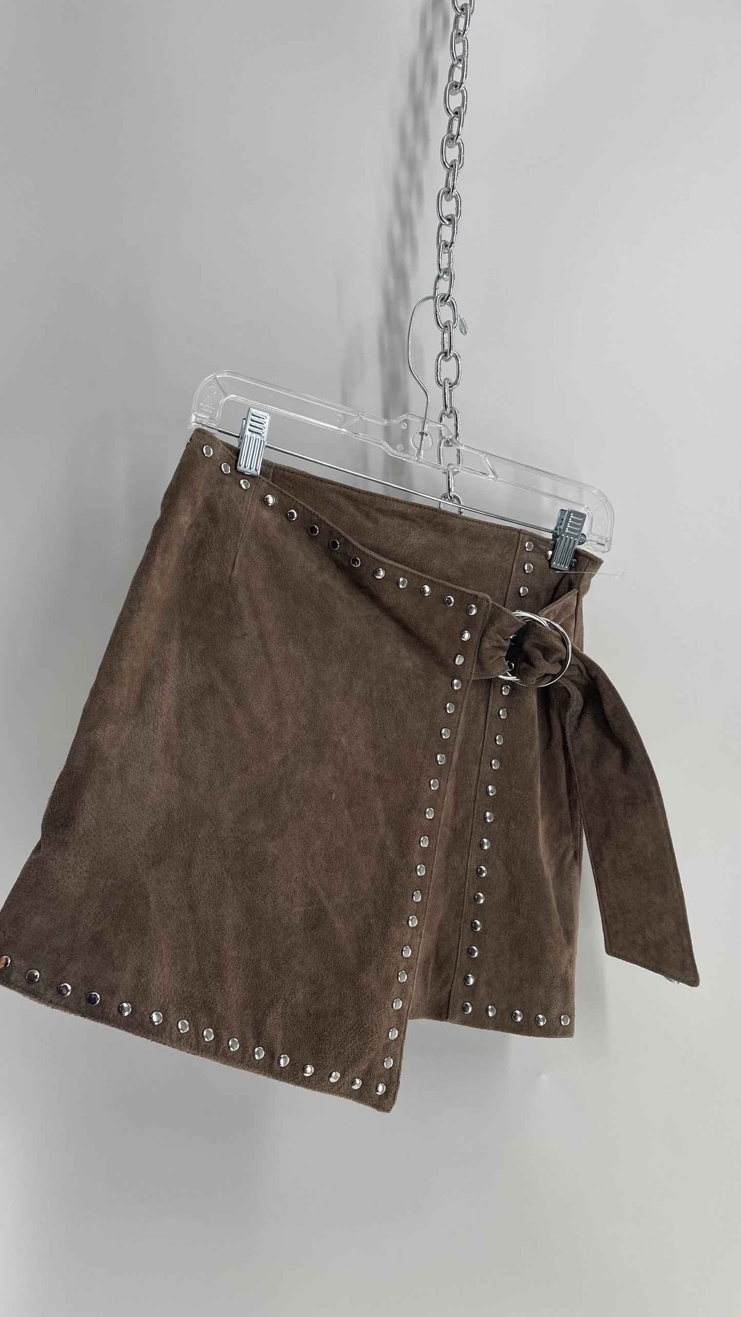 Vintage Studded Taupe Genuine Suede Leather Mini Skirt with Buckle Side Closure (Small)