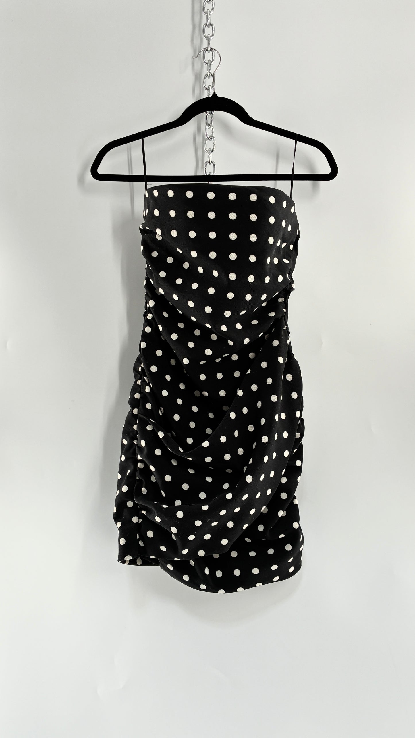 LIONESS Black and White Polka Dot Bodycon Ruched Mini Dress (Small)