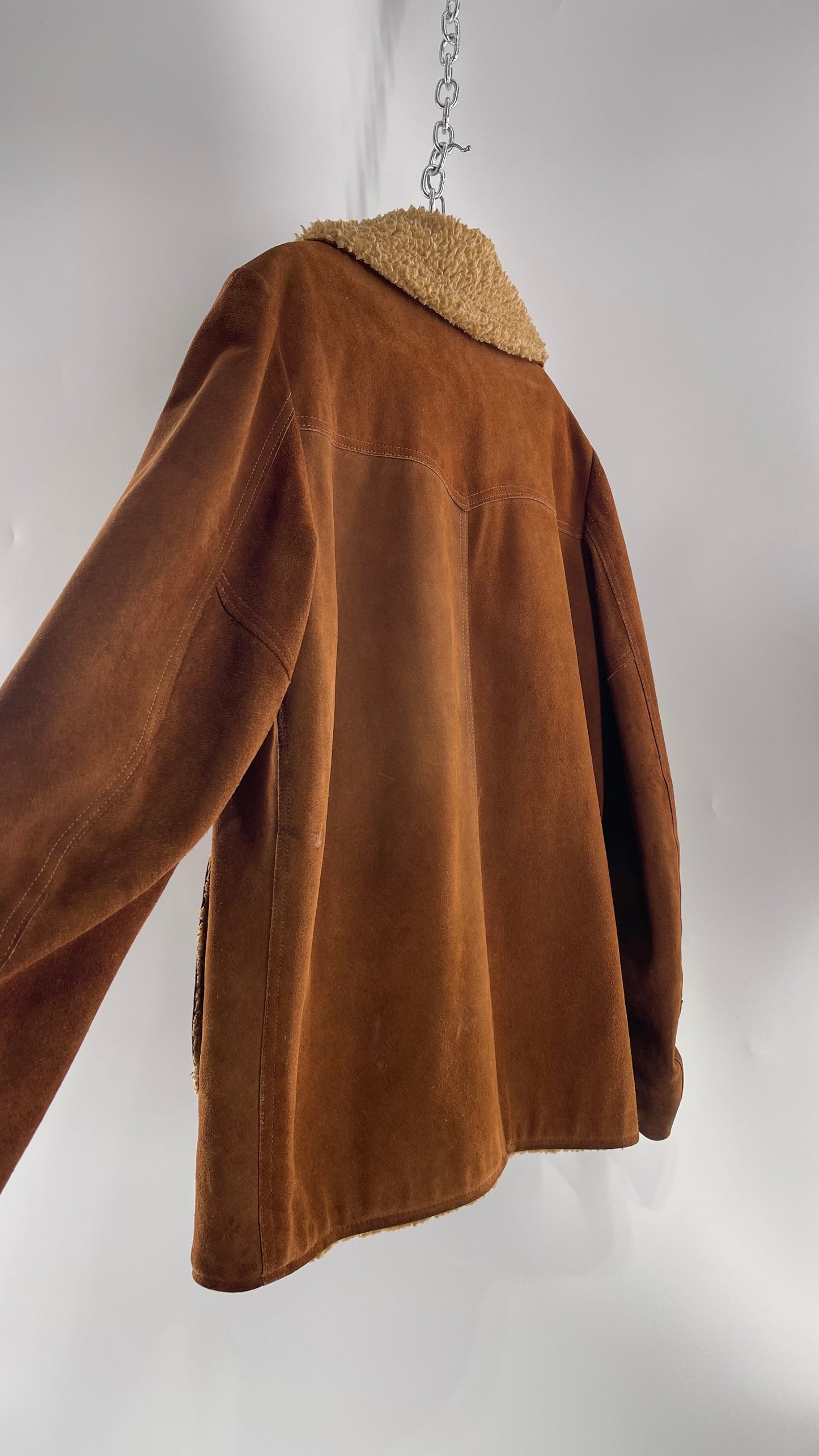 Vintage Heavy Duty Genuine Suede Leather Coat with Teddy Sherpa Lining (C) (Large/42)