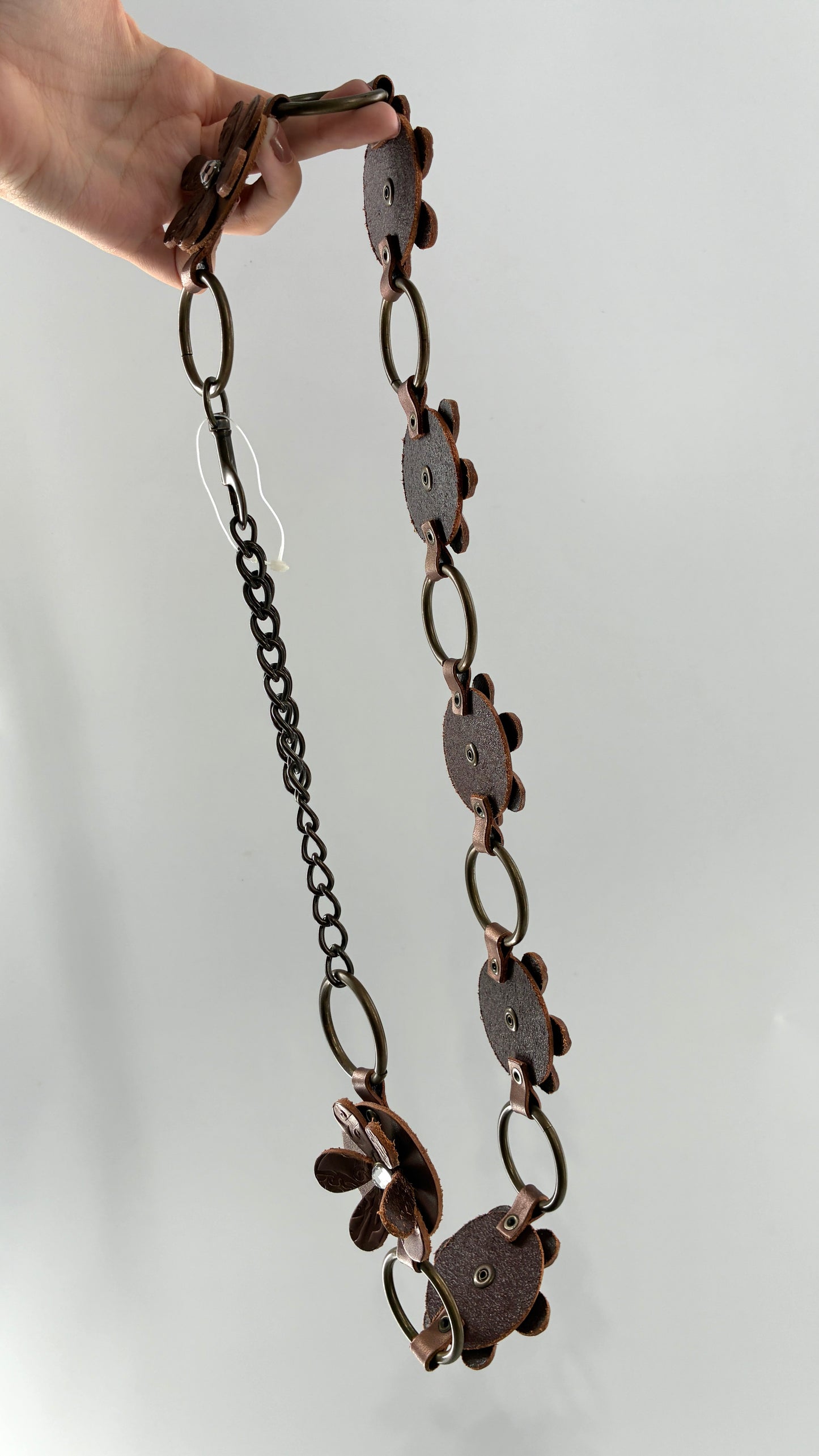 Vintage RELIC Brown Bronze Leather Flower Chain Belt with Rhinestones (M/L)
