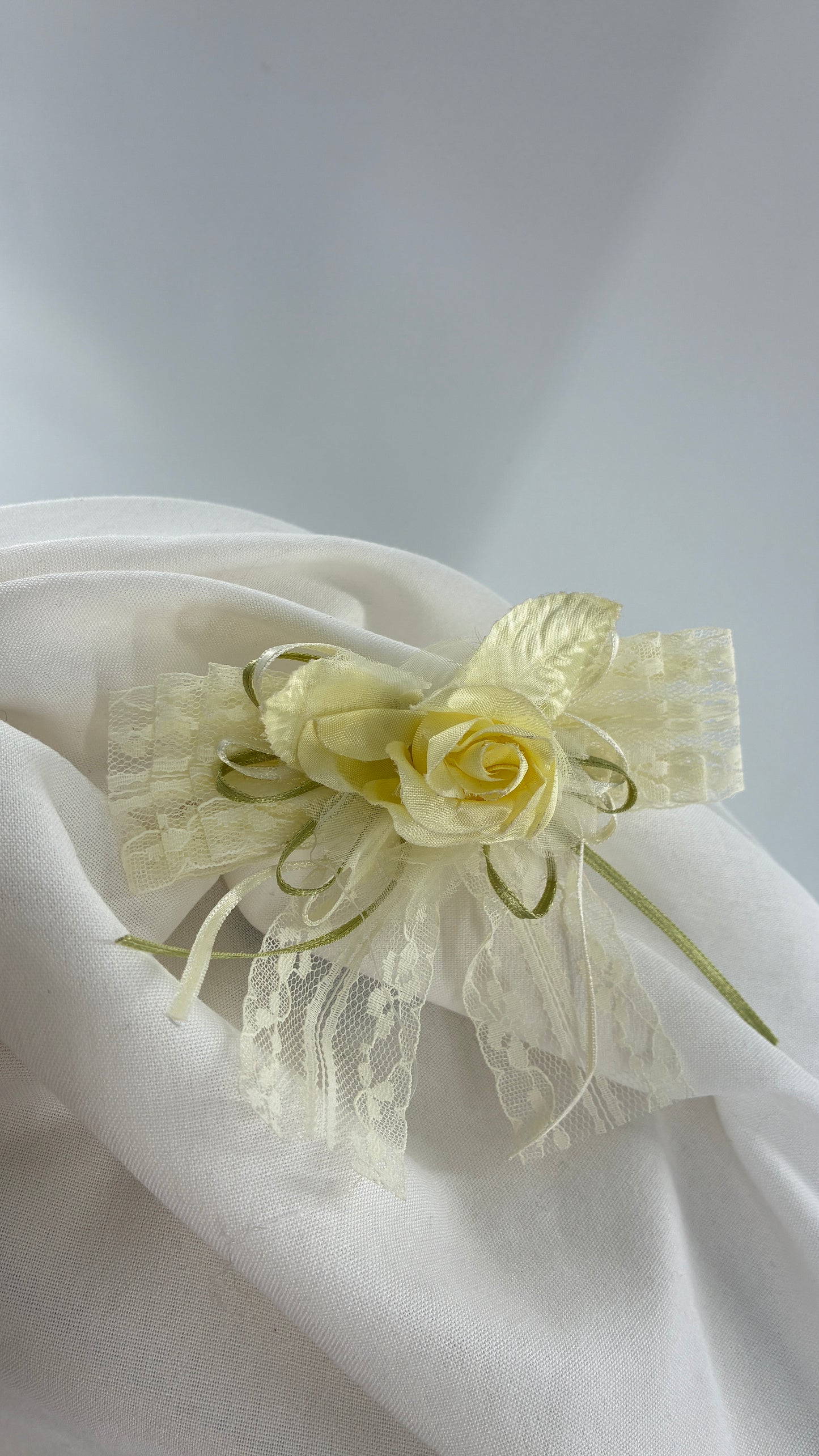 Vintage Lace Fabric Florals Baby Yellow Bow Pin Brooch