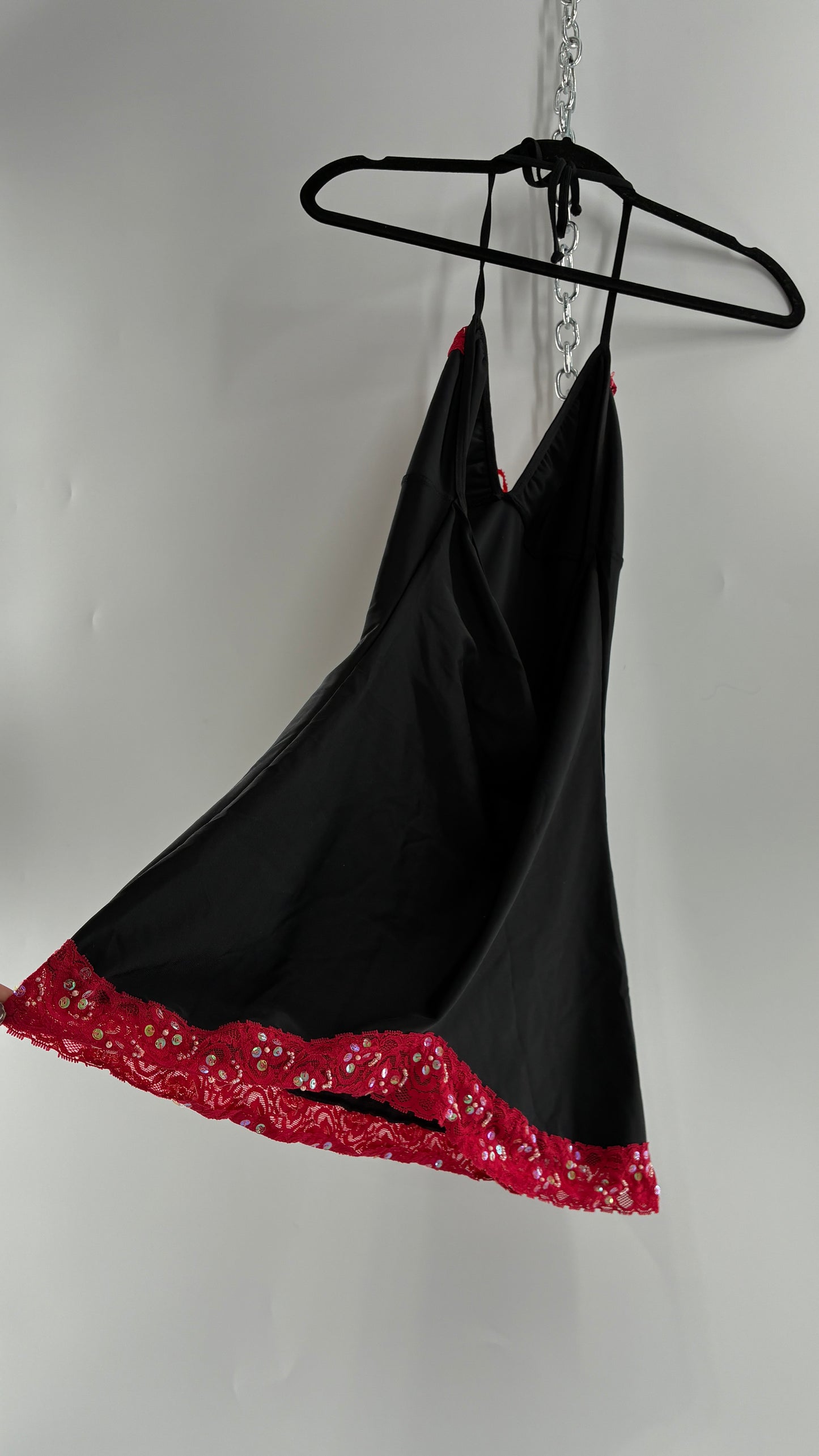 Vintage PROMISCUOUS Black Camisole Slip with Red Ruffled Sequin Lace and Scalloped Bum  (XL)