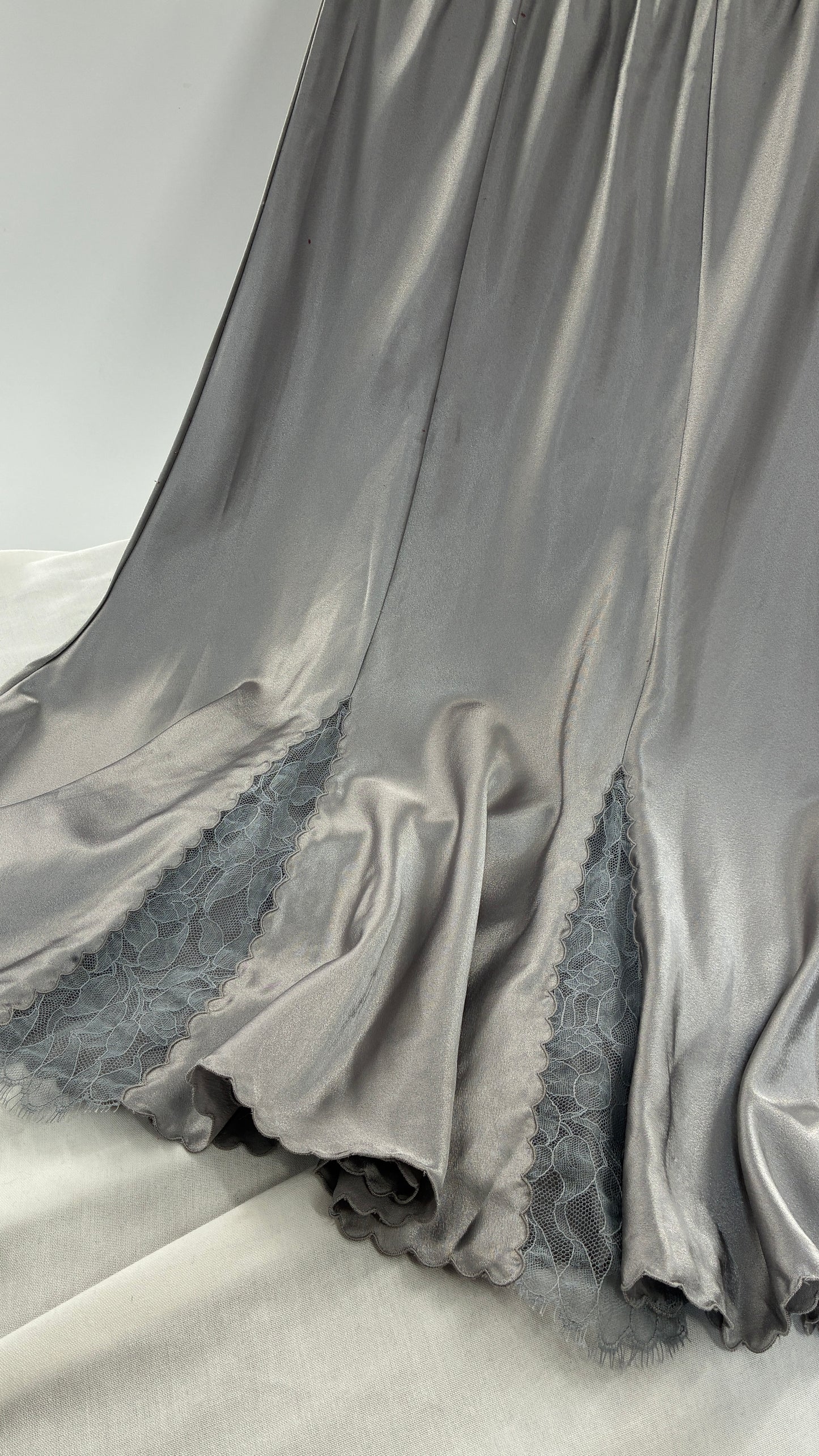 Vintage BARBIZON Silver Skirt with Lace Slits and Scalloped Hem (Medium)