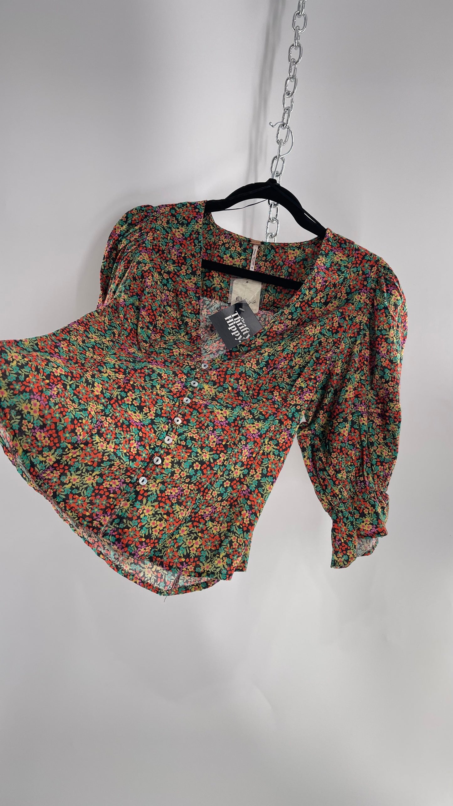 Free People 100% Cotton Colorful Florals Blouse with Deep V, Puff Sleeves, Button Front, and Tags Attached  (Small)