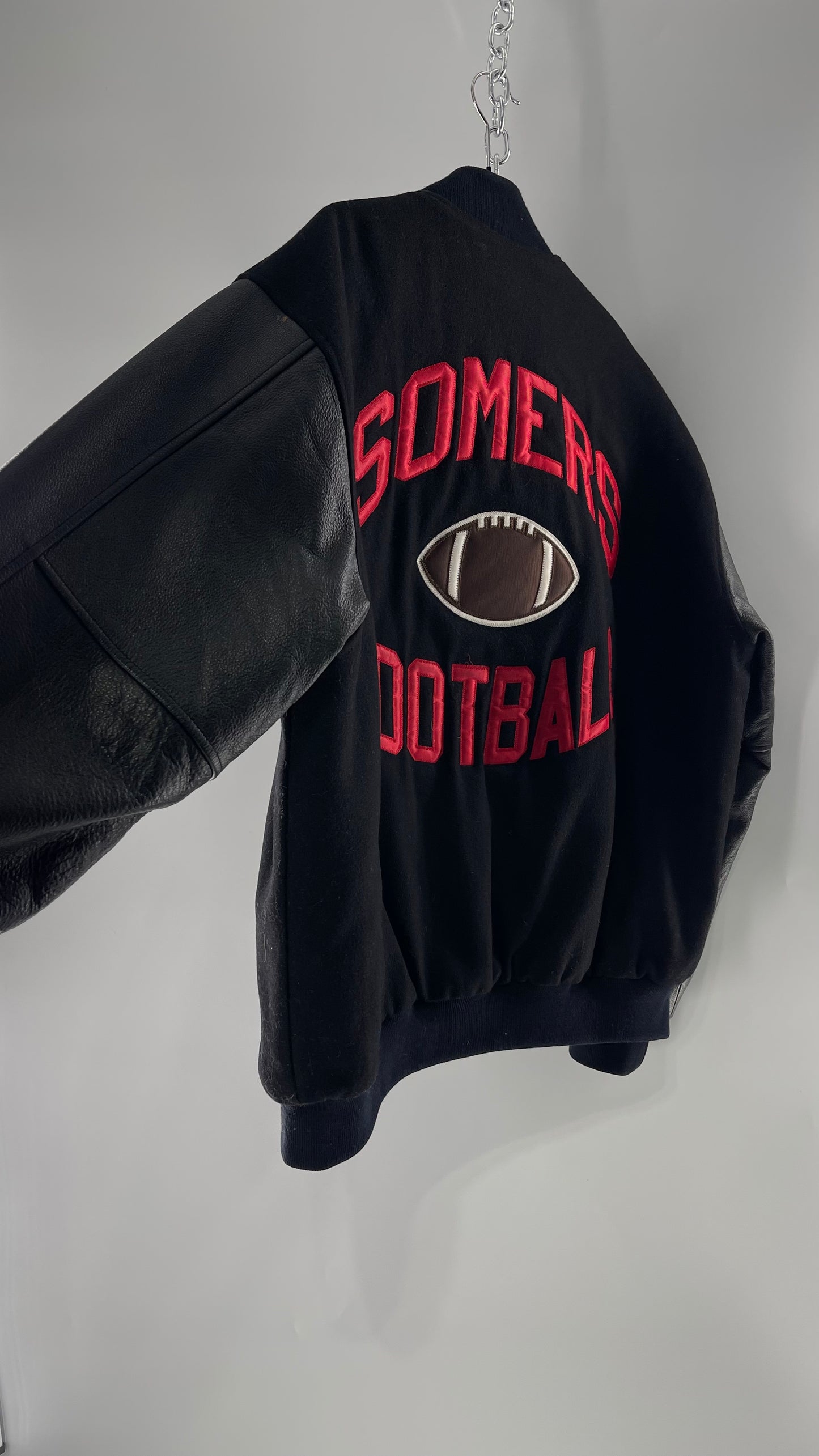 Vintage Somers Football Varsity Jacket with Leather Sleeves “Matt” Embroidery and Red Lettering (XL)