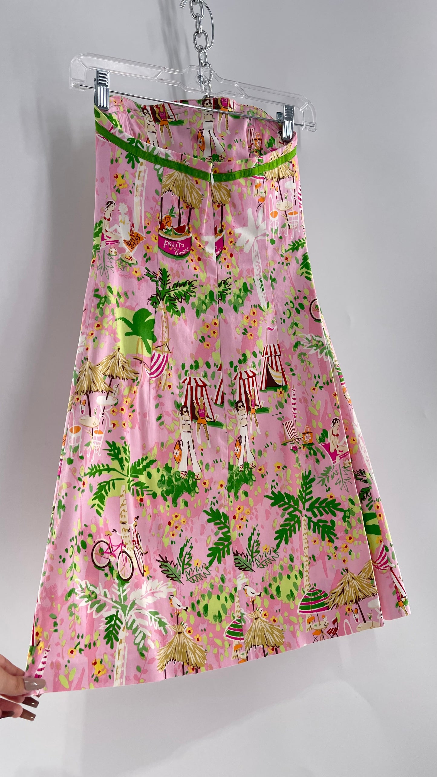 Vintage Handmade Pink Sketchbook 90s Print Mini Dress with Green Ribbon and Built In Boning (XS)