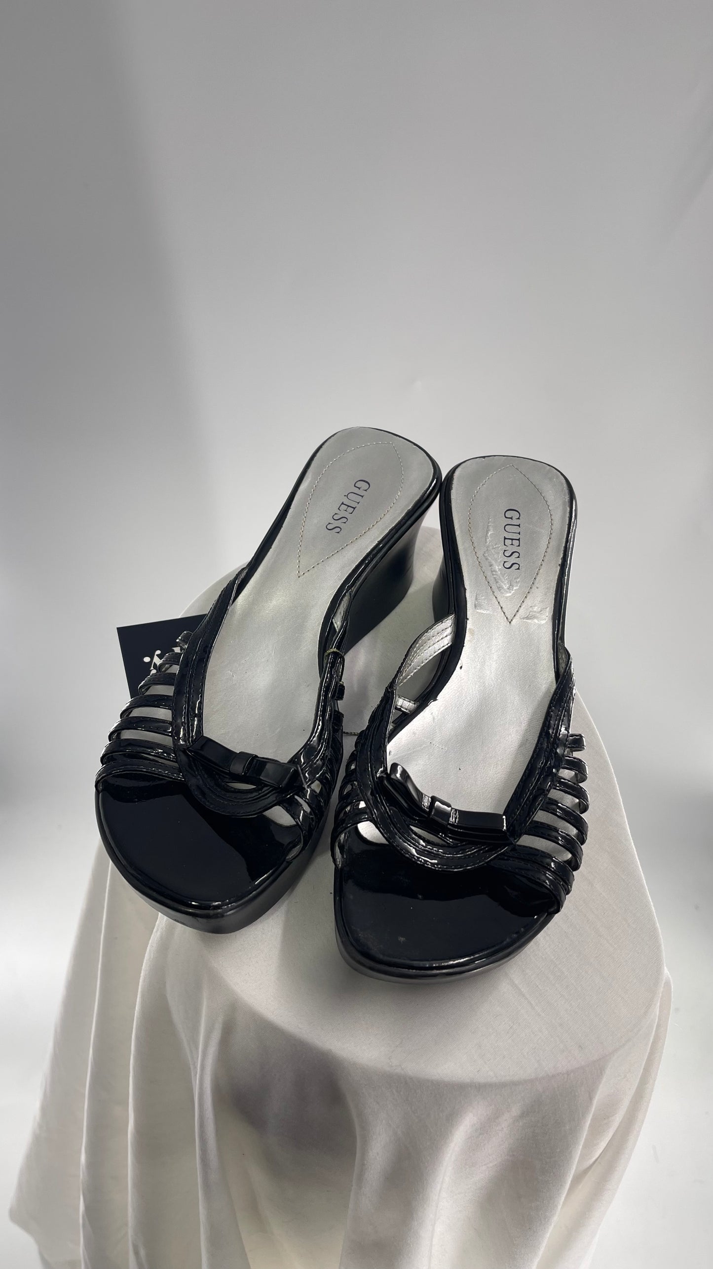 GUESS 1990s Vintage Black Patent Wedge Platform Caged Sandal with Bow (9)