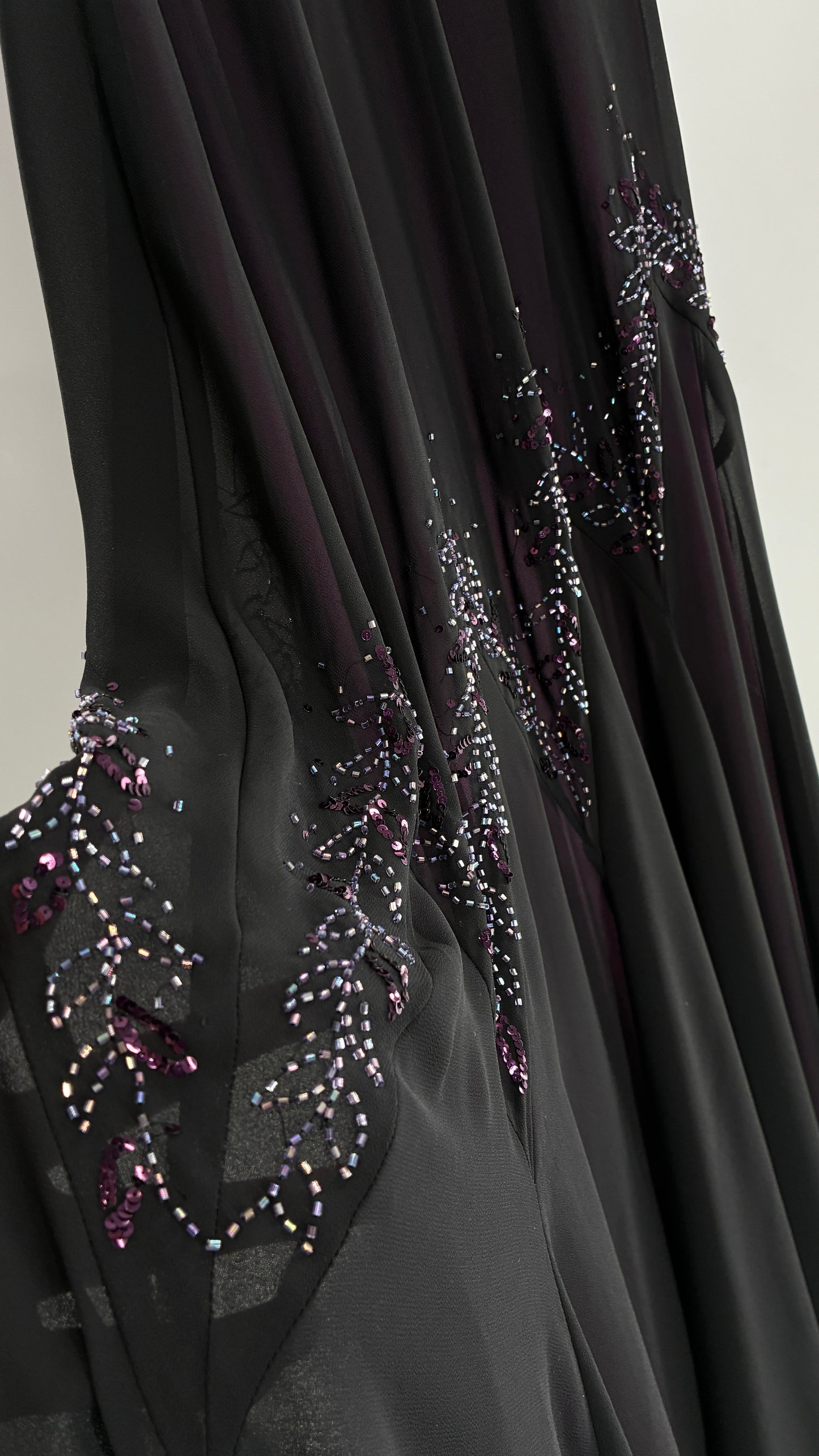 Vintage XSCAPE Full Length Black Beaded Gown with Purple Underlay (4)