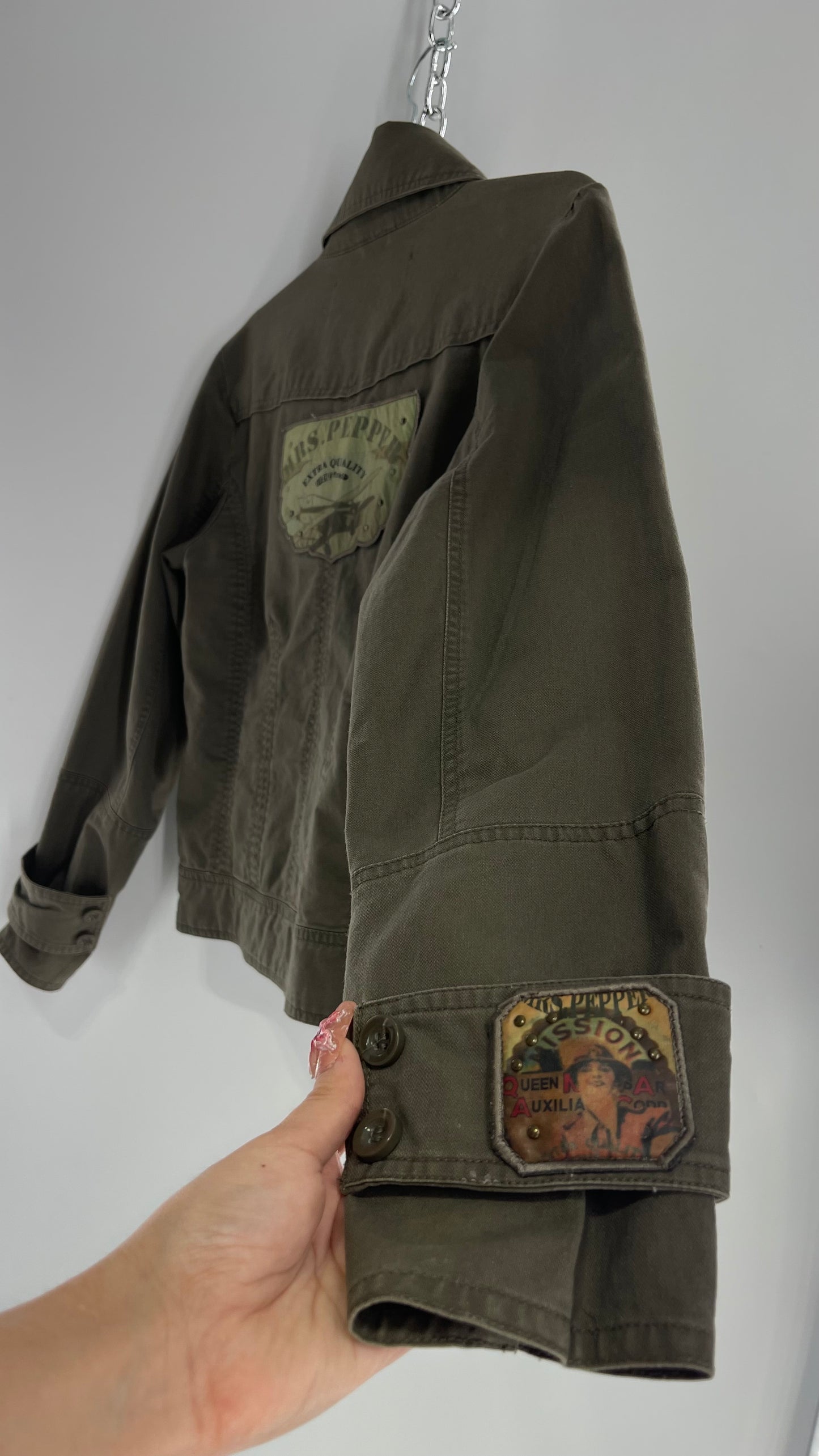 Vintage Mrs.Pepper Army Olive Green Jacket with Military Style Patches and Cuffs (Small)