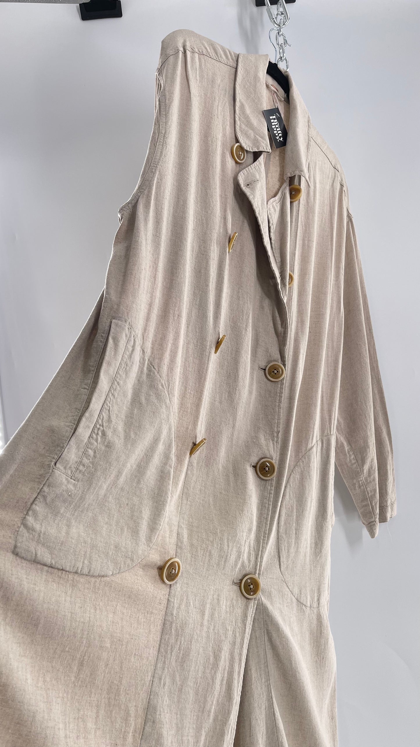 Free People Double Breasted Beige Linen Trench Coat with Brown Buttons and Tags Attached