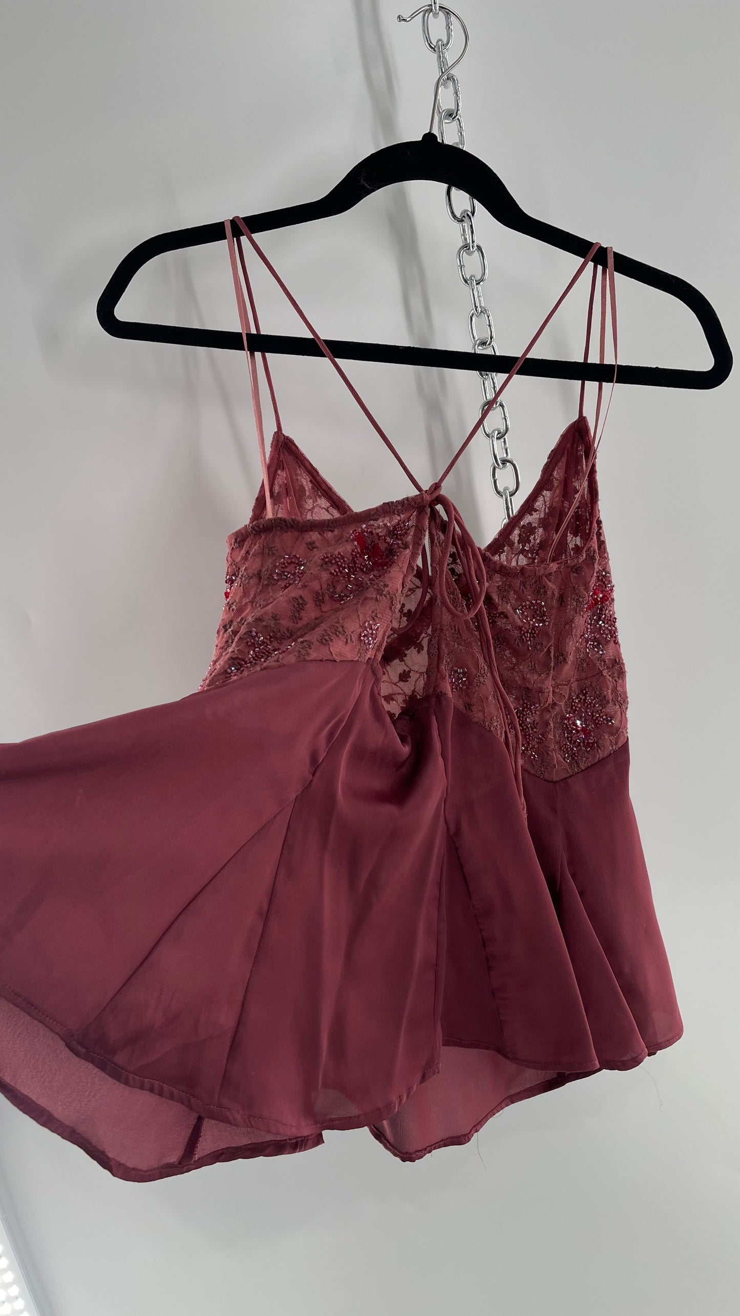 Free People Purple Beaded Bust, Lacy, Silky Fairy Tank with Extra Bead Pouch(Small)