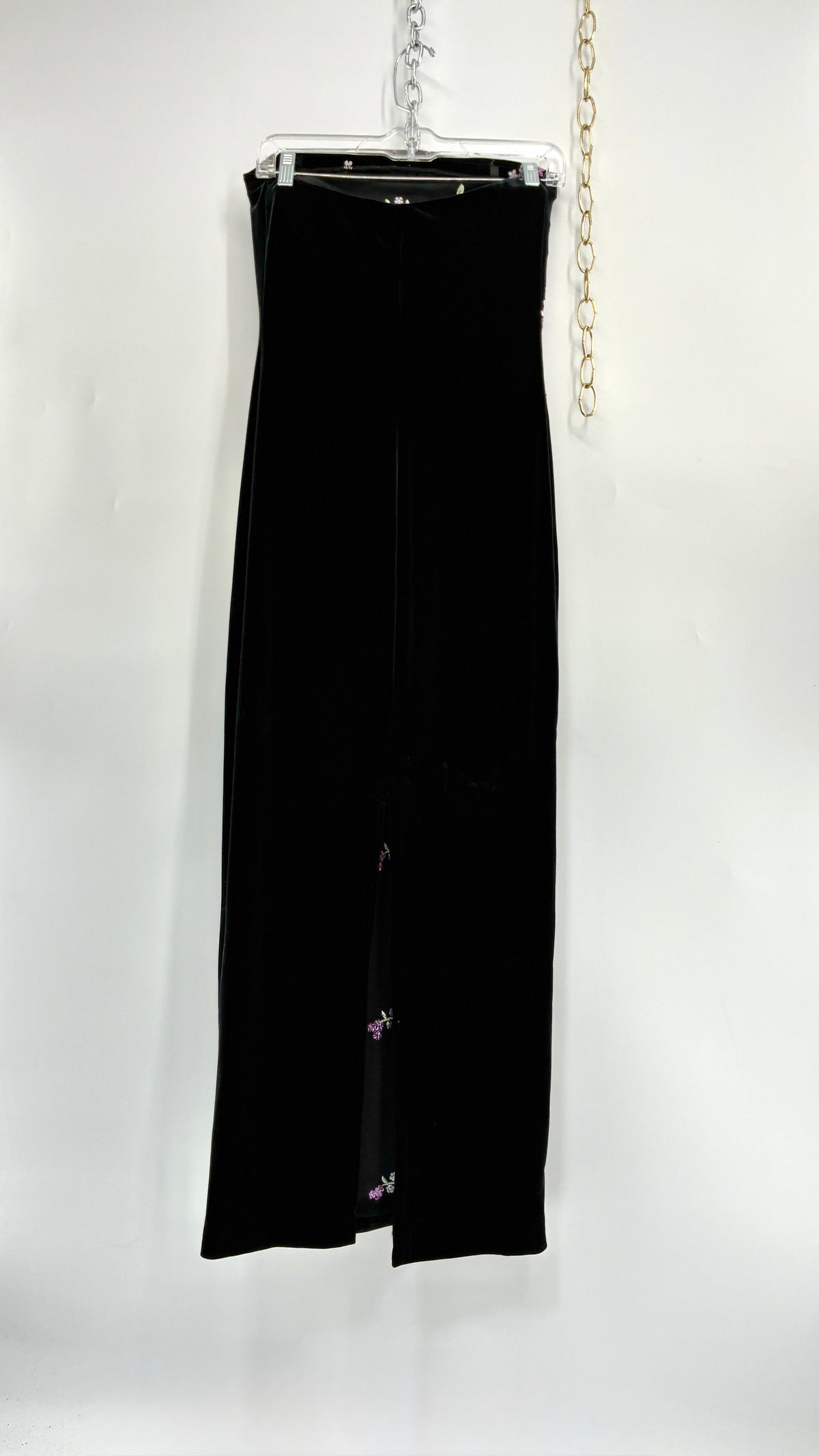 Vintage ROBERTA 1990s Black Velour Strapless Dress with Embroidered Flowers (Medium)