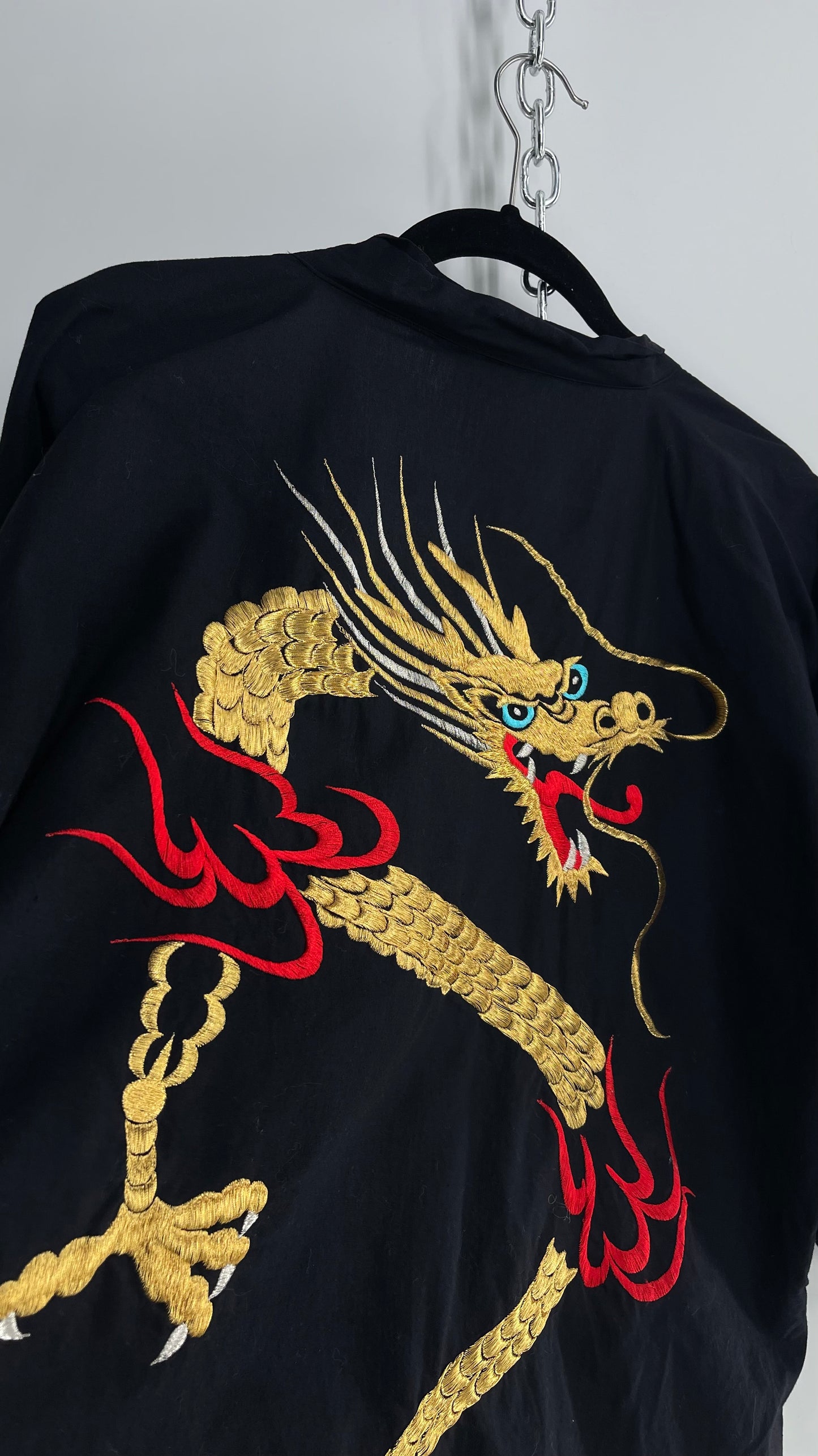 Vintage Japanese Cotton Cape/Kimono/Cardigan Robe with Hand Embroidered Gold Dragon (Small)