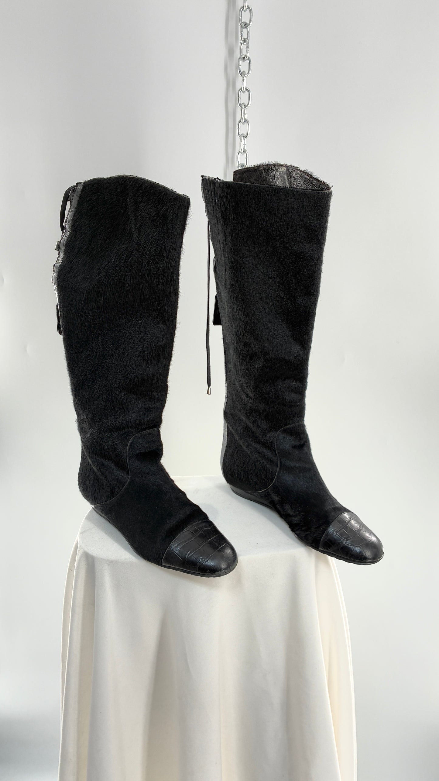 Vintage MIGLIORINI Black Genuine Calf Hair/Fur Boots with Heel, Made in Italy (7.5)