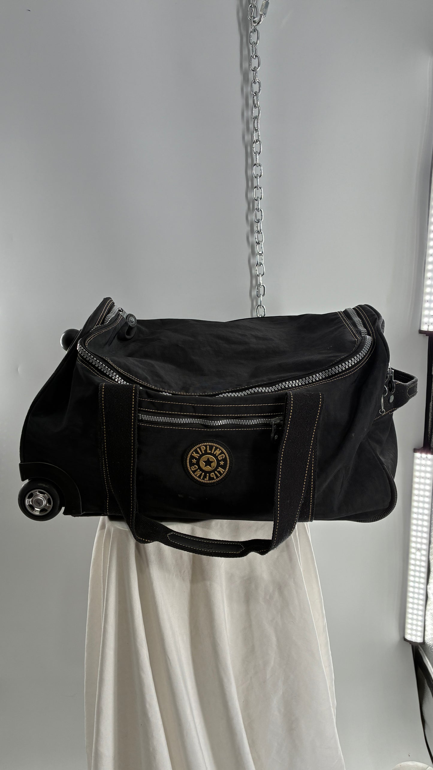 Vintage KIPLING Black Rolling Luggage Duffle Bag Suitcase with Extendable Handle
