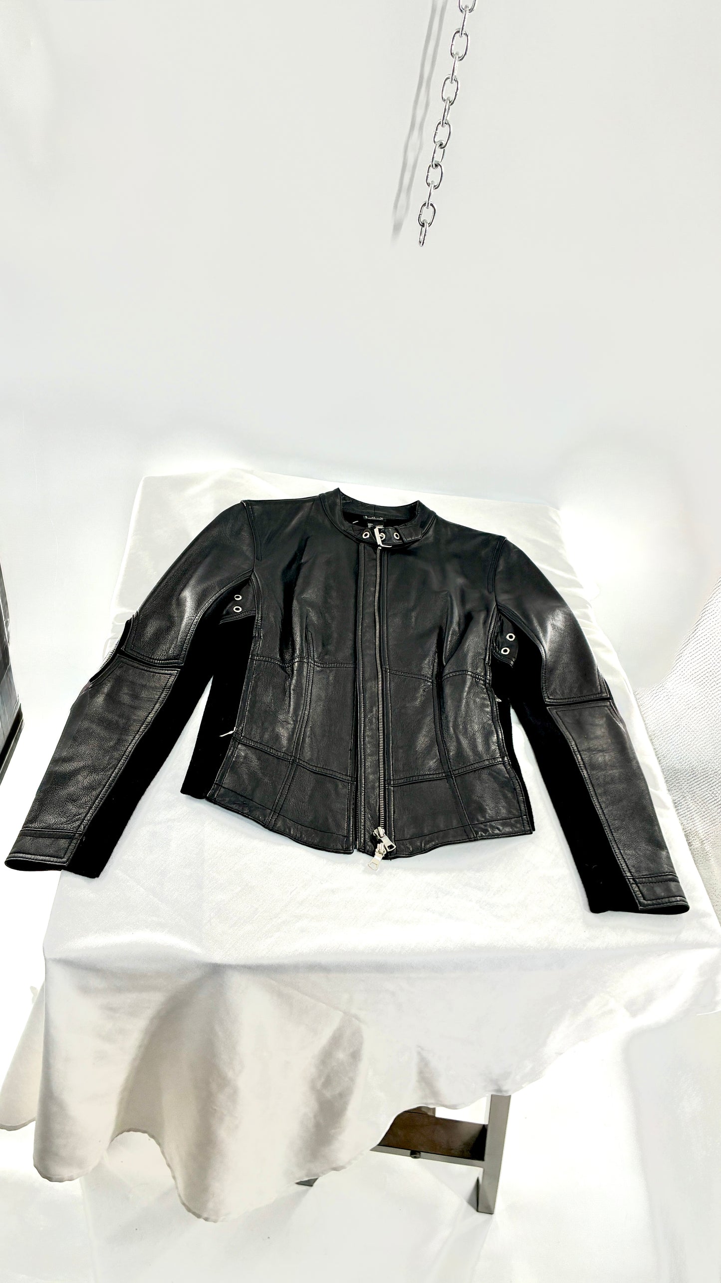 Vintage INC Black Genuine Leather and Wool Blend Paneled Patch Motorcycle Jacket (Medium)