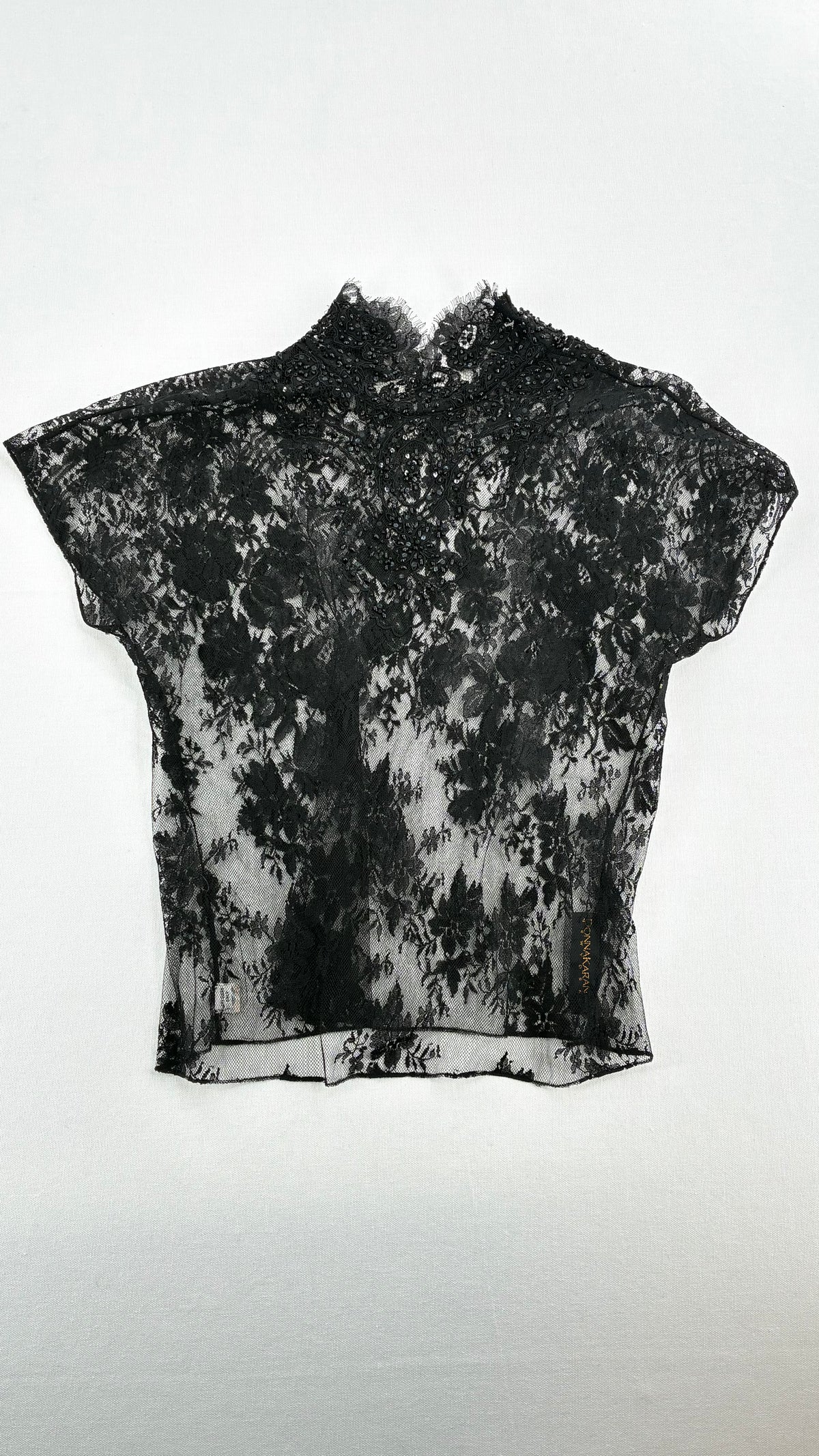Vintage DONNA KARAN New York Ombré Floral Lace Mock Neck Beaded Blouse (6)