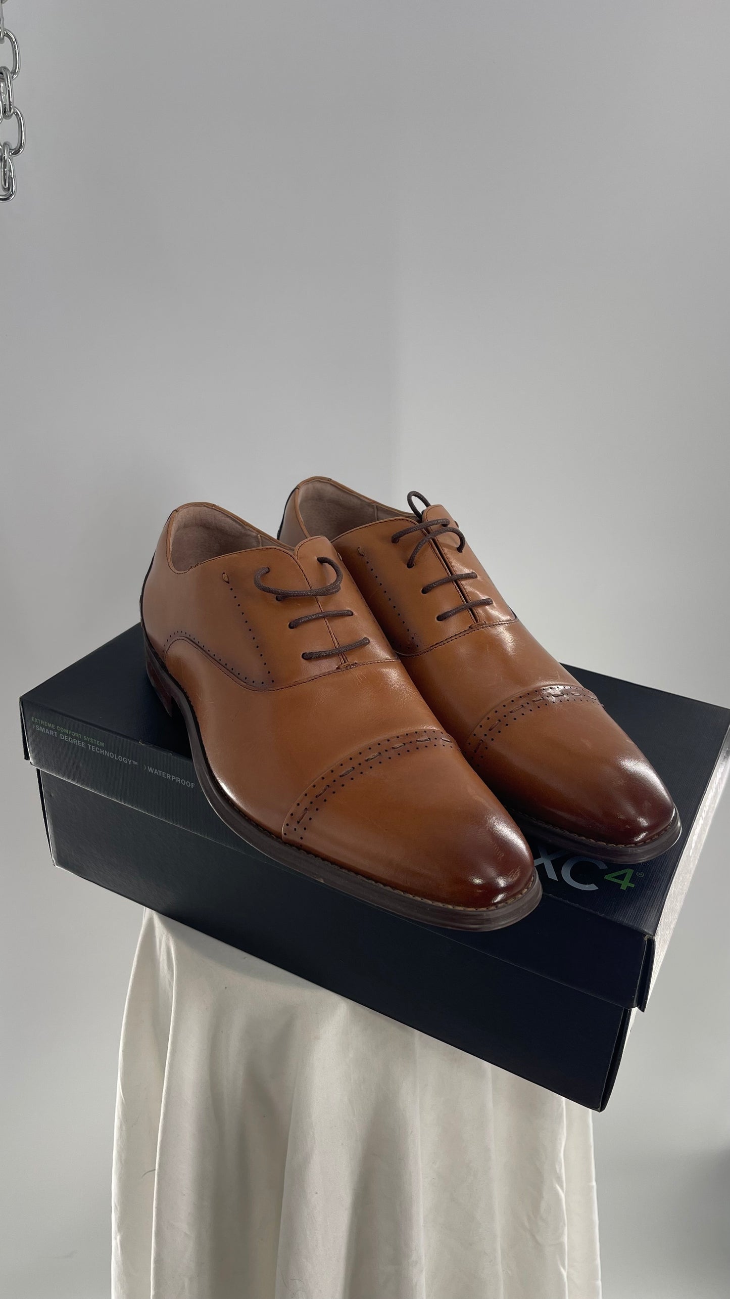 STACY ADAMS Cognac Camel Brown Leather Captoe Oxfords (12)