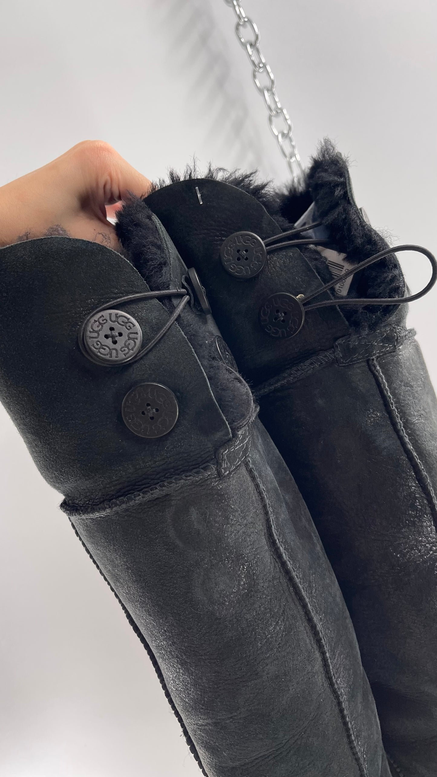 UGG Black Over the Knee, Fur Lined, Metallic Sheen, Bailey Button Leather Boots (7)