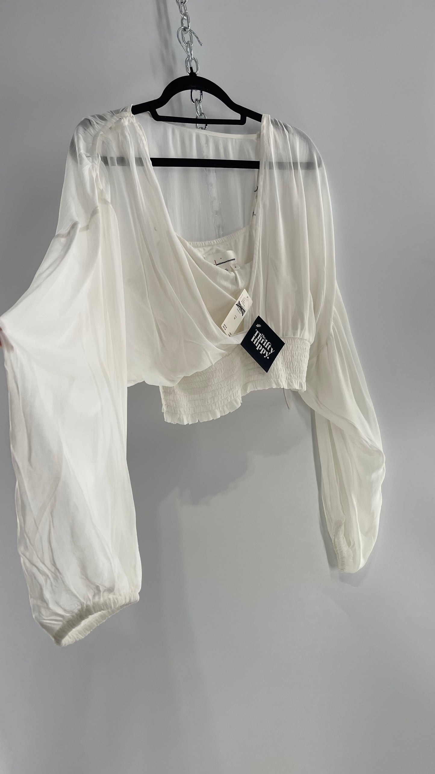 Anthropologie Sheer Balloon Sleeve Blouse with Smocked Waistline and Cropped Inner Tank with Rubber on Bust and Tags Attached (Medium)