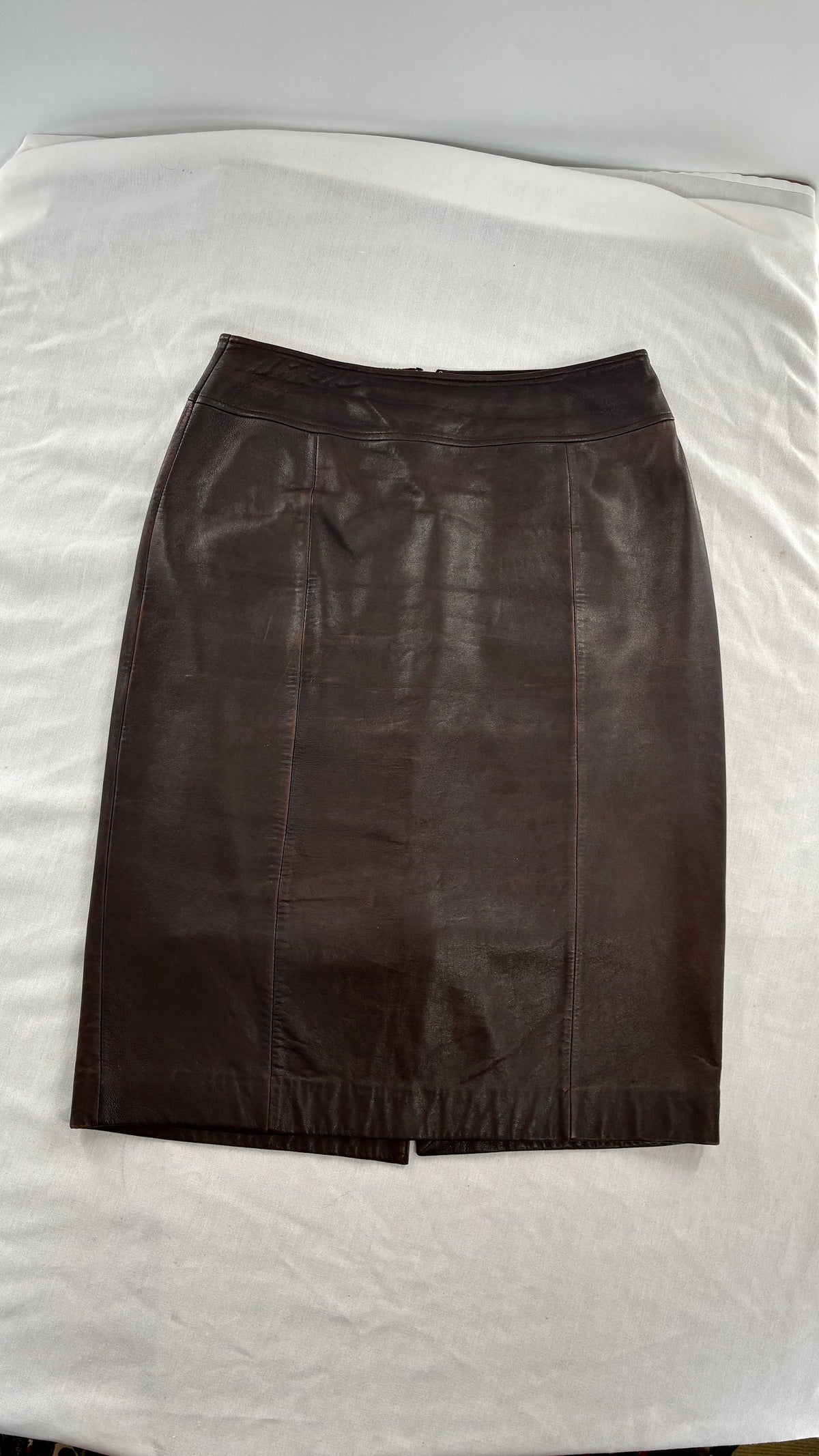 Vintage BROOKS BROTHERS Brown Distressed Genuine Leather Skirt (6)