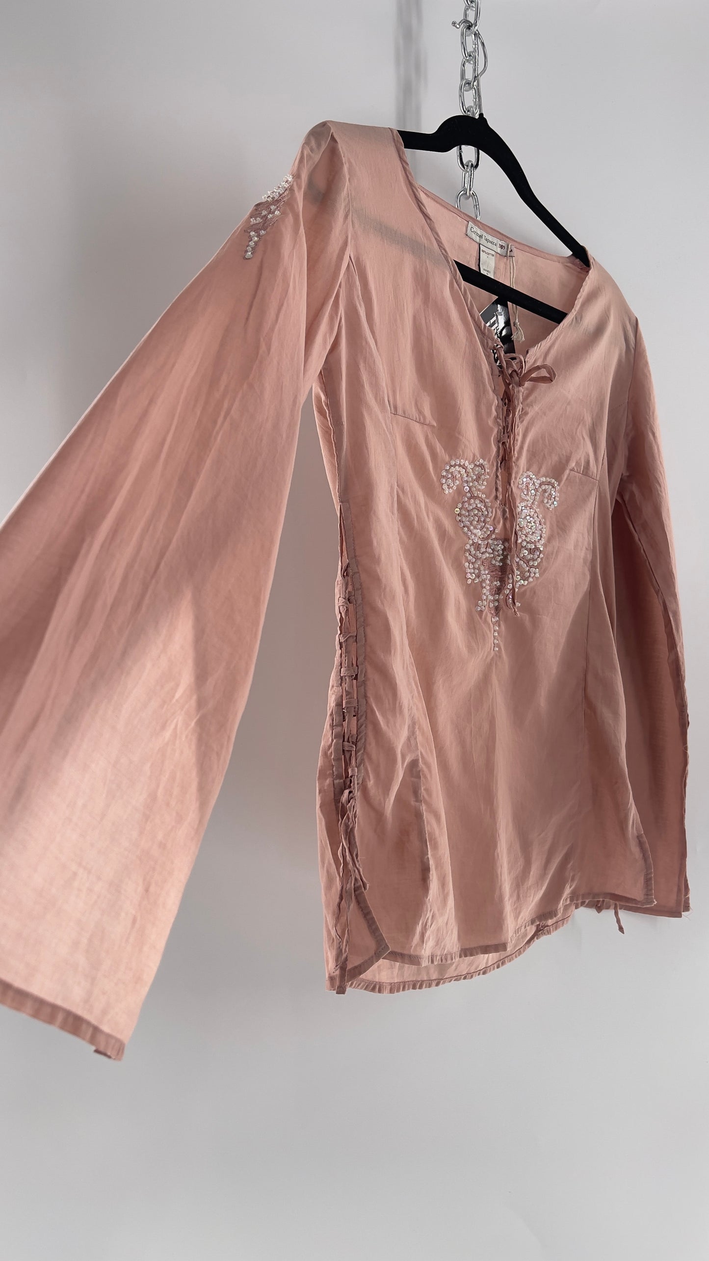 Vintage Coronel Tapioca Dusty Pink Tunic with Beaded Designs and Lace Up Sides (Medium)