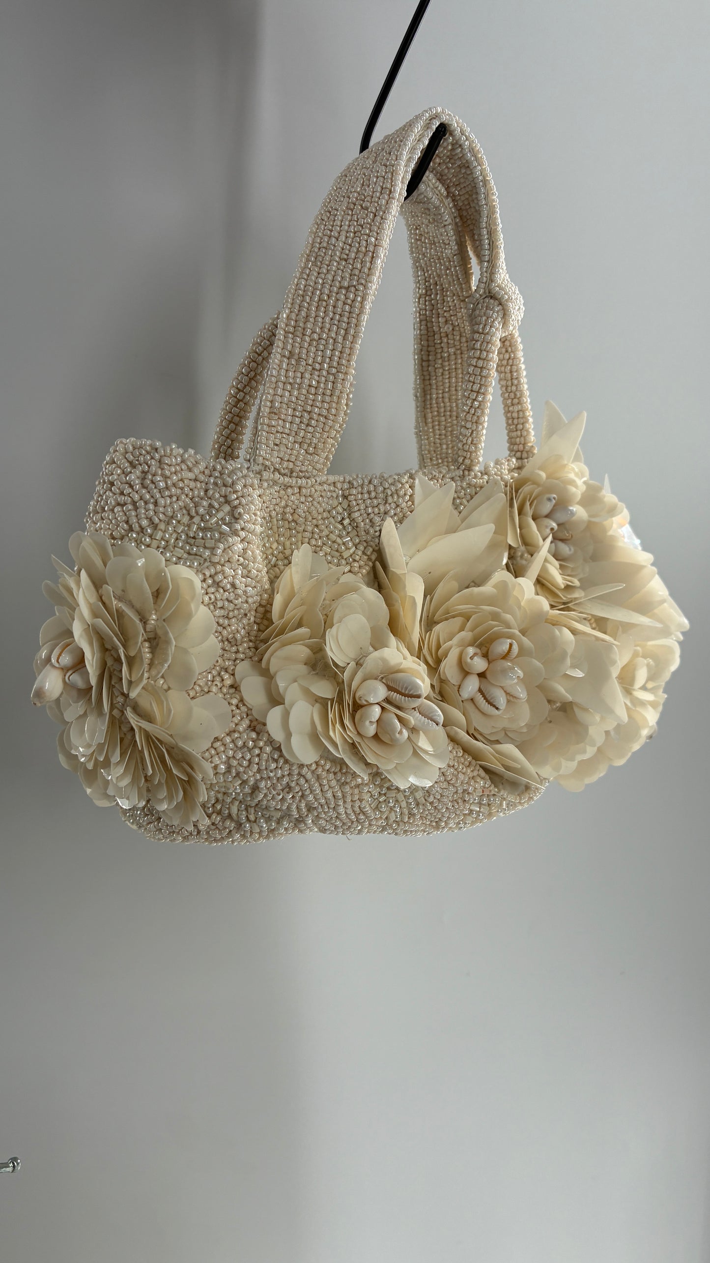 Beaded Off White Purse with Sequin and Shell Flowers
