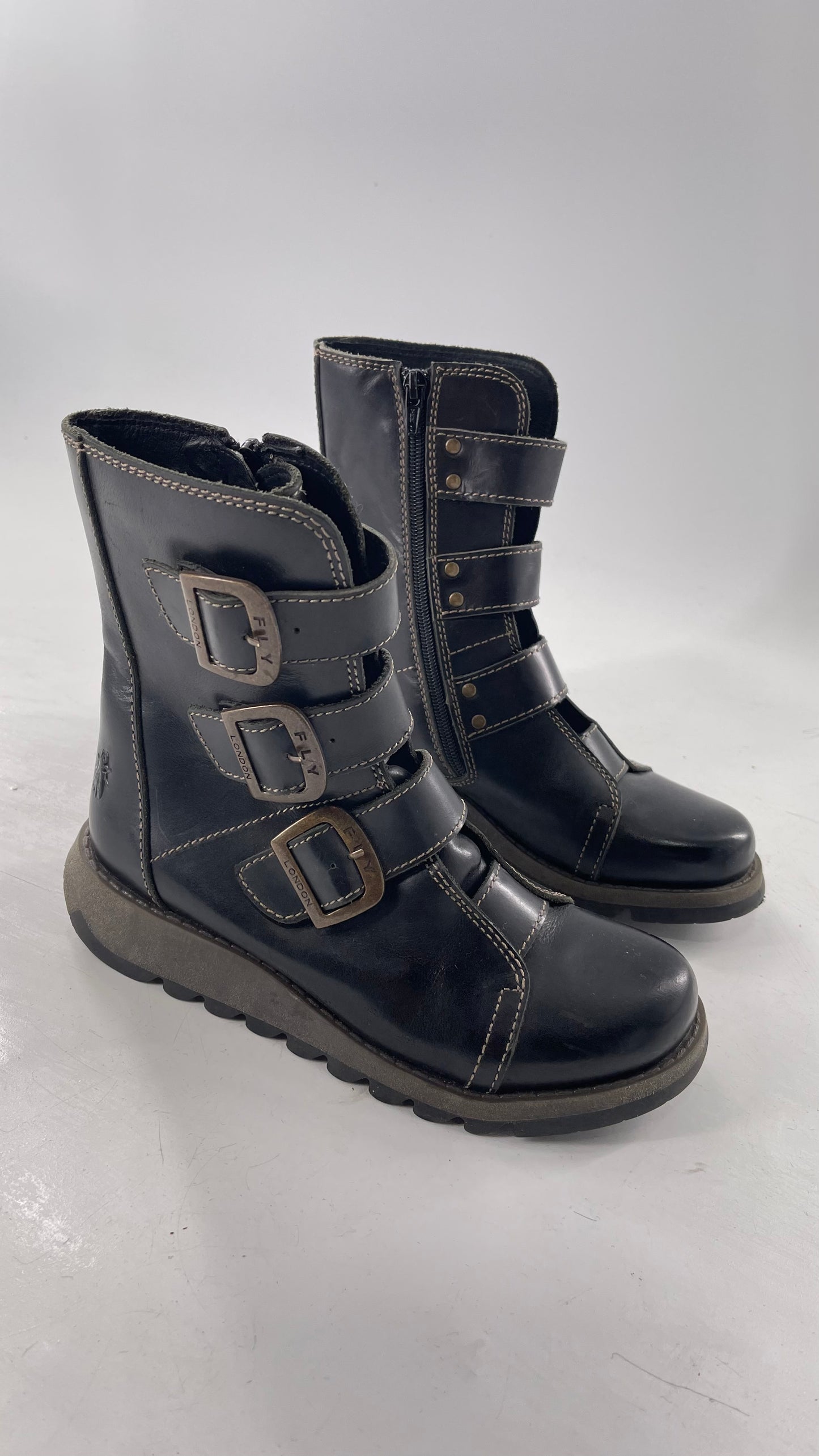 Fly London Black Zipper Side Biker Boot with Oversized Brass Buckles (38)