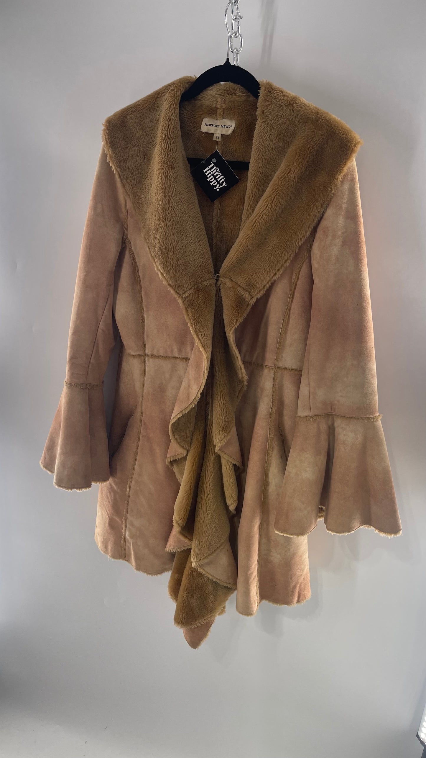 Newport News Tan Faux Suede Coat with Bell Sleeves and Ruffled, Draping Closure  (C) (10)