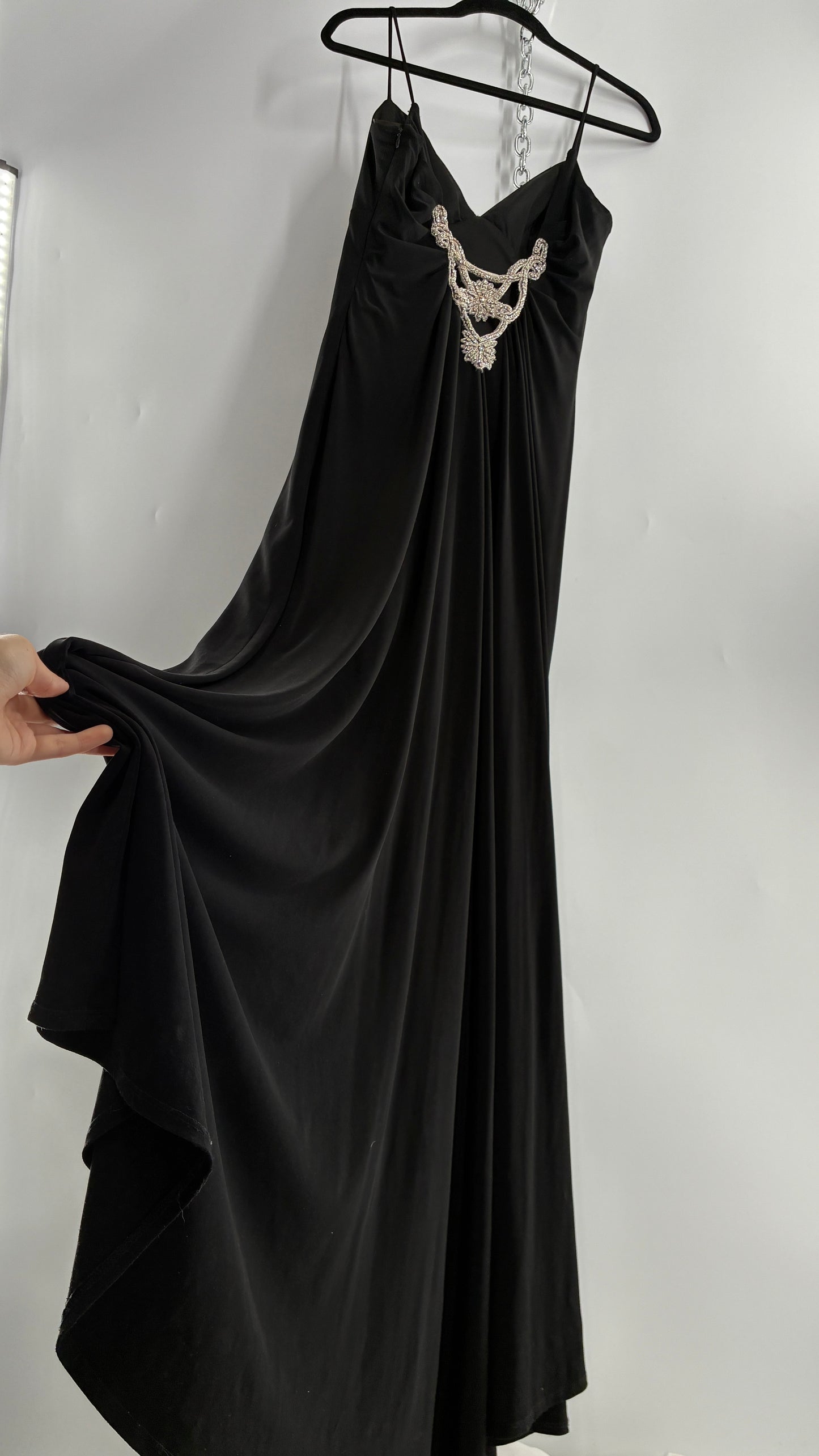 Vintage JS COLLECTION Black Full Length Gown with Jeweled Appliqué and Pleated Back (12)