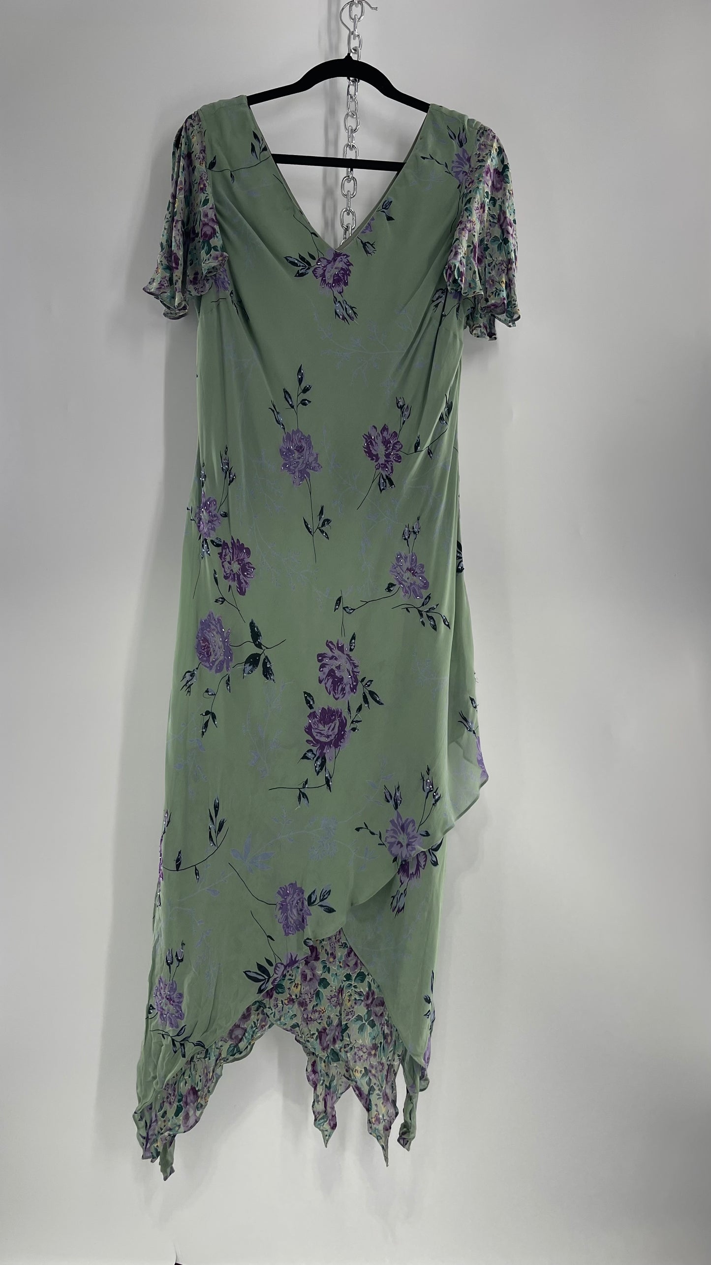 Vintage 1990s EVA BLUE Sage Green  Dress with Purple Beaded Florals and Handkerchief Hem(16)