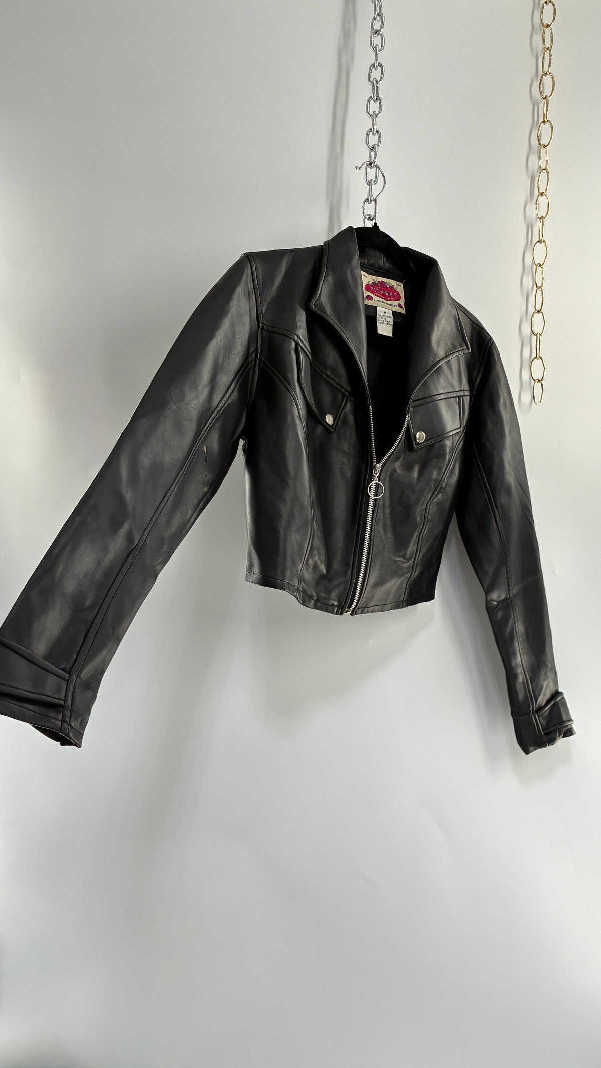 Vintage 1990s HIGHWAY Black Vegan Leather Cropped Jacket (Medium)