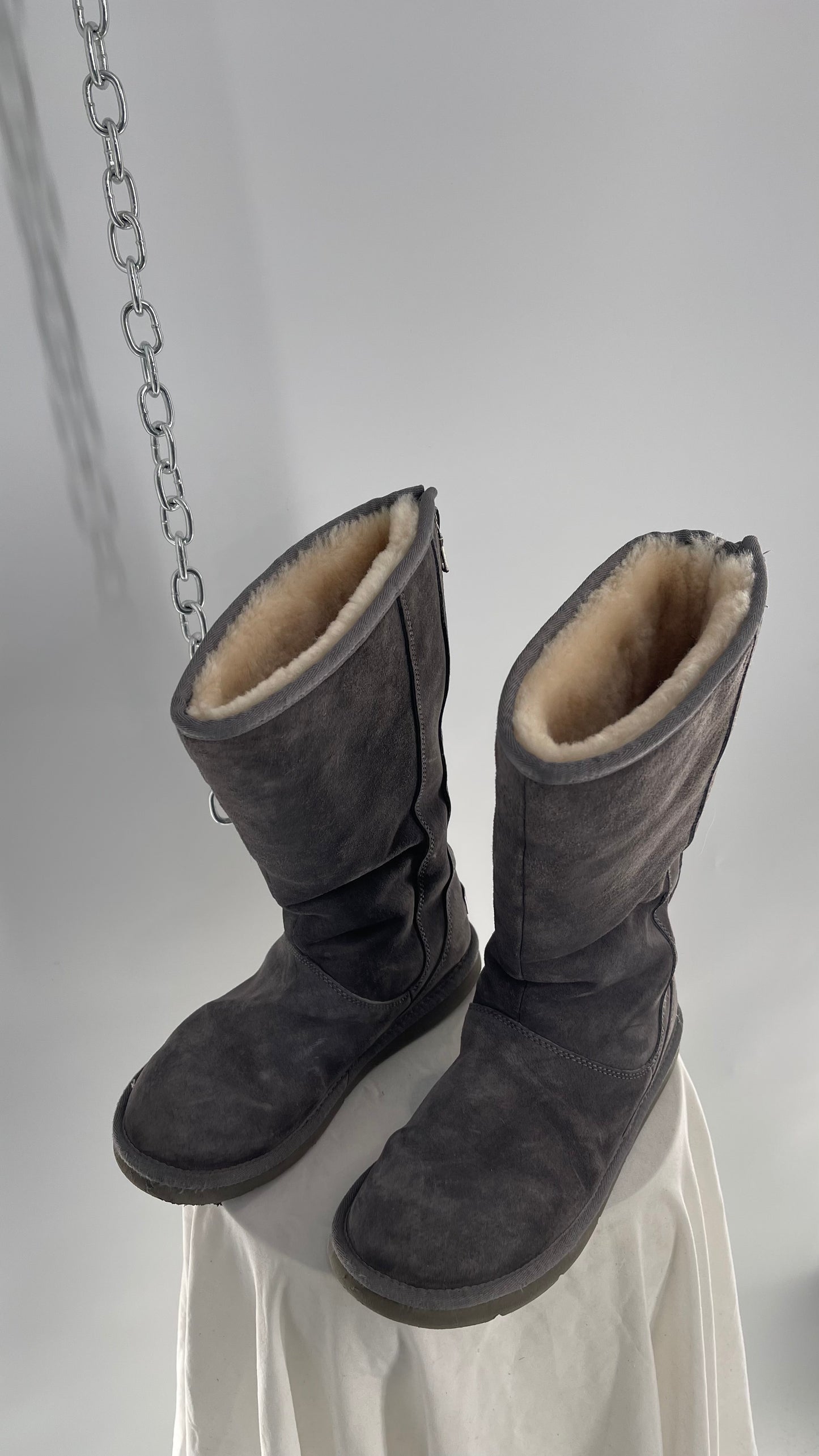 UGG Knightsbridge Tall Sheepskin Grey Suede Leather Fur Lined Boots (8)